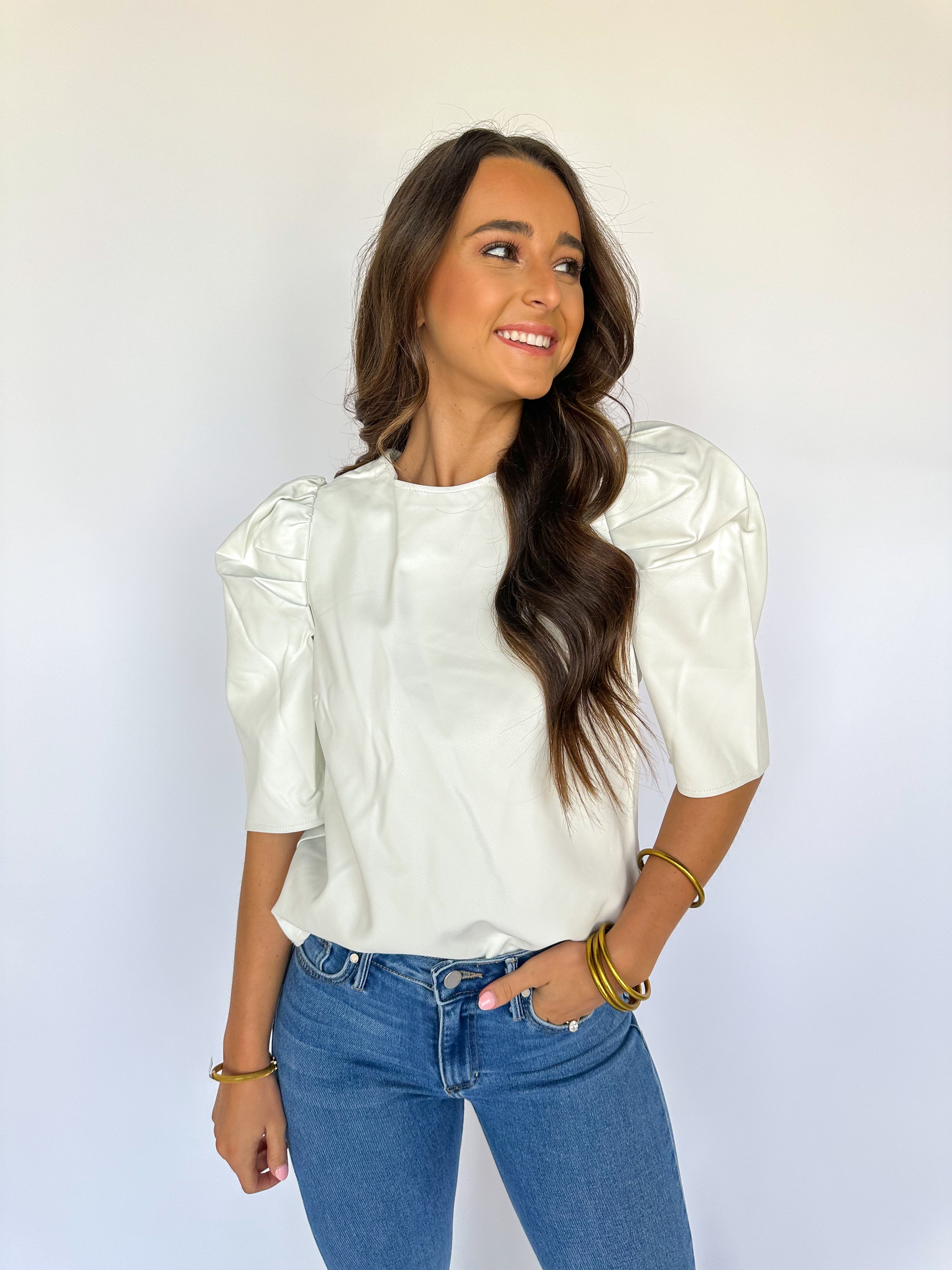 Vegan Leather Puff Shoulder Top White