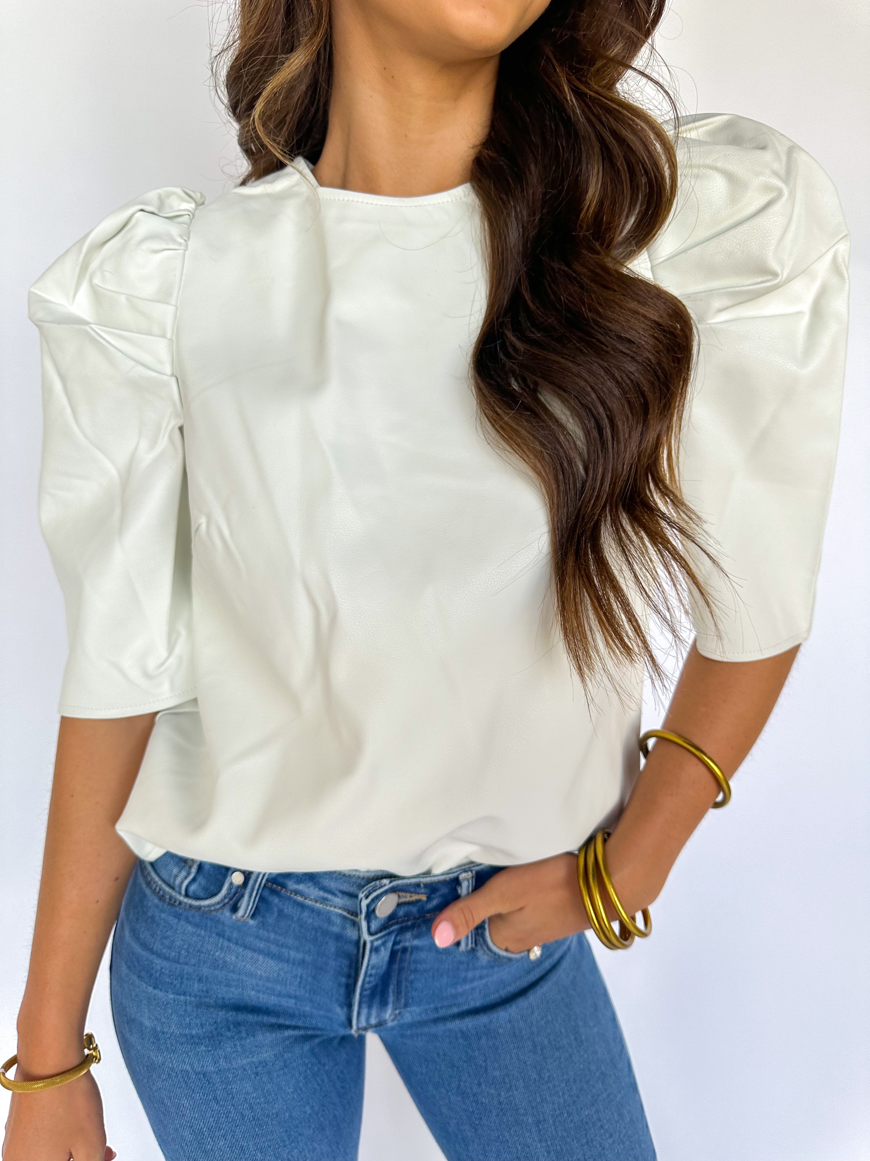 Vegan Leather Puff Shoulder Top White