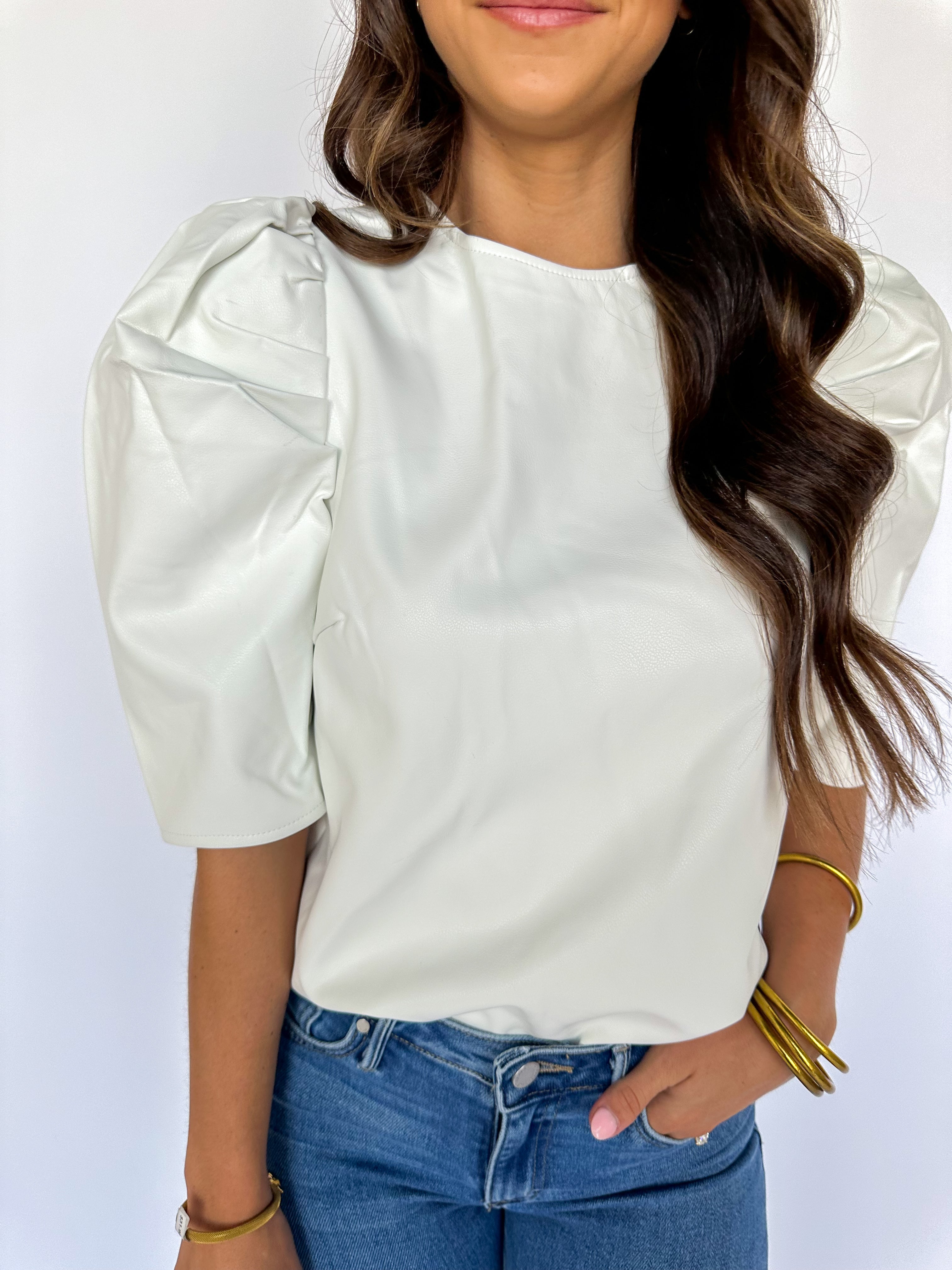 Vegan Leather Puff Shoulder Top White