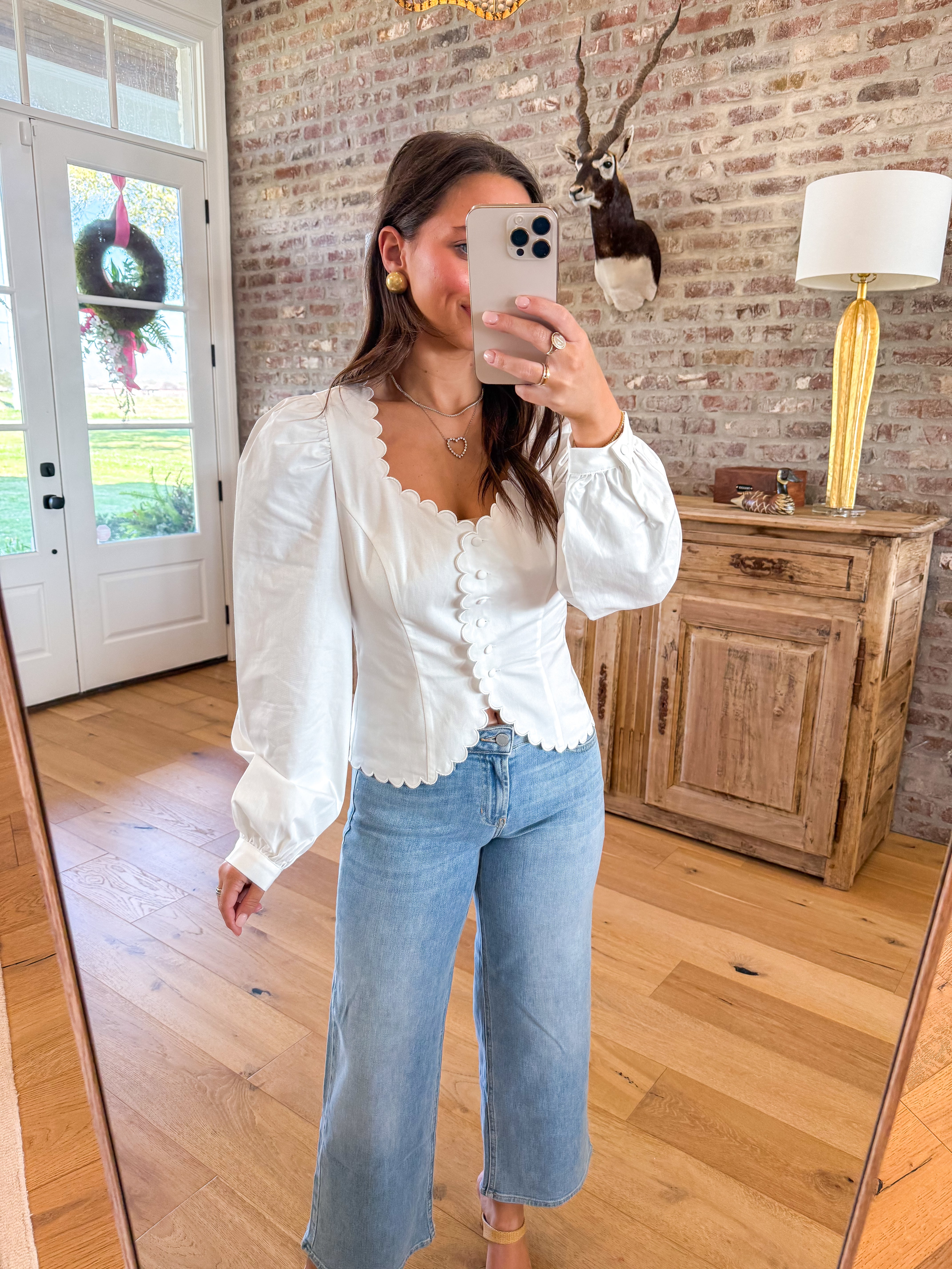 Scalloped Puff Sleeve Button Down Blouse