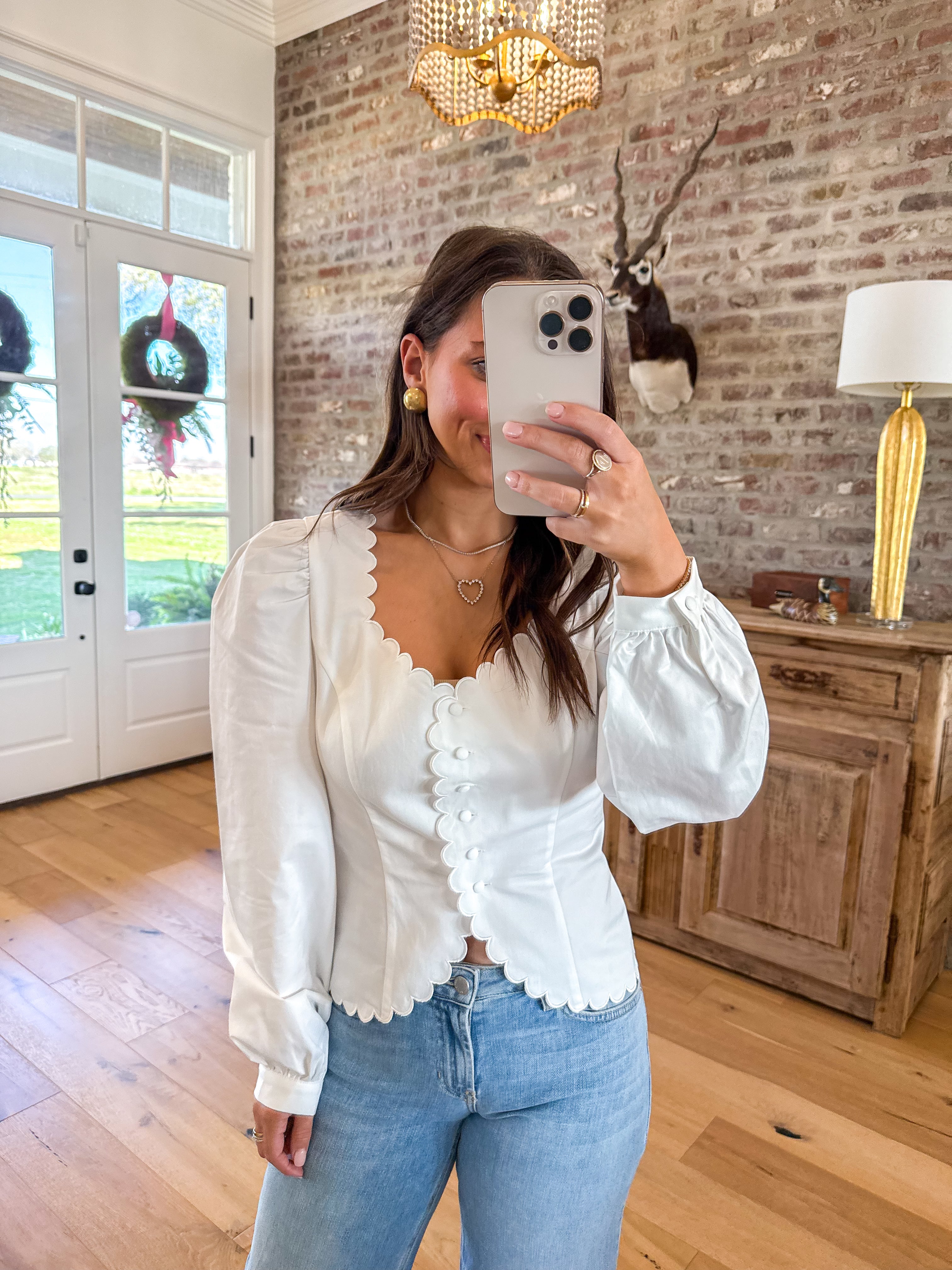 Scalloped Puff Sleeve Button Down Blouse