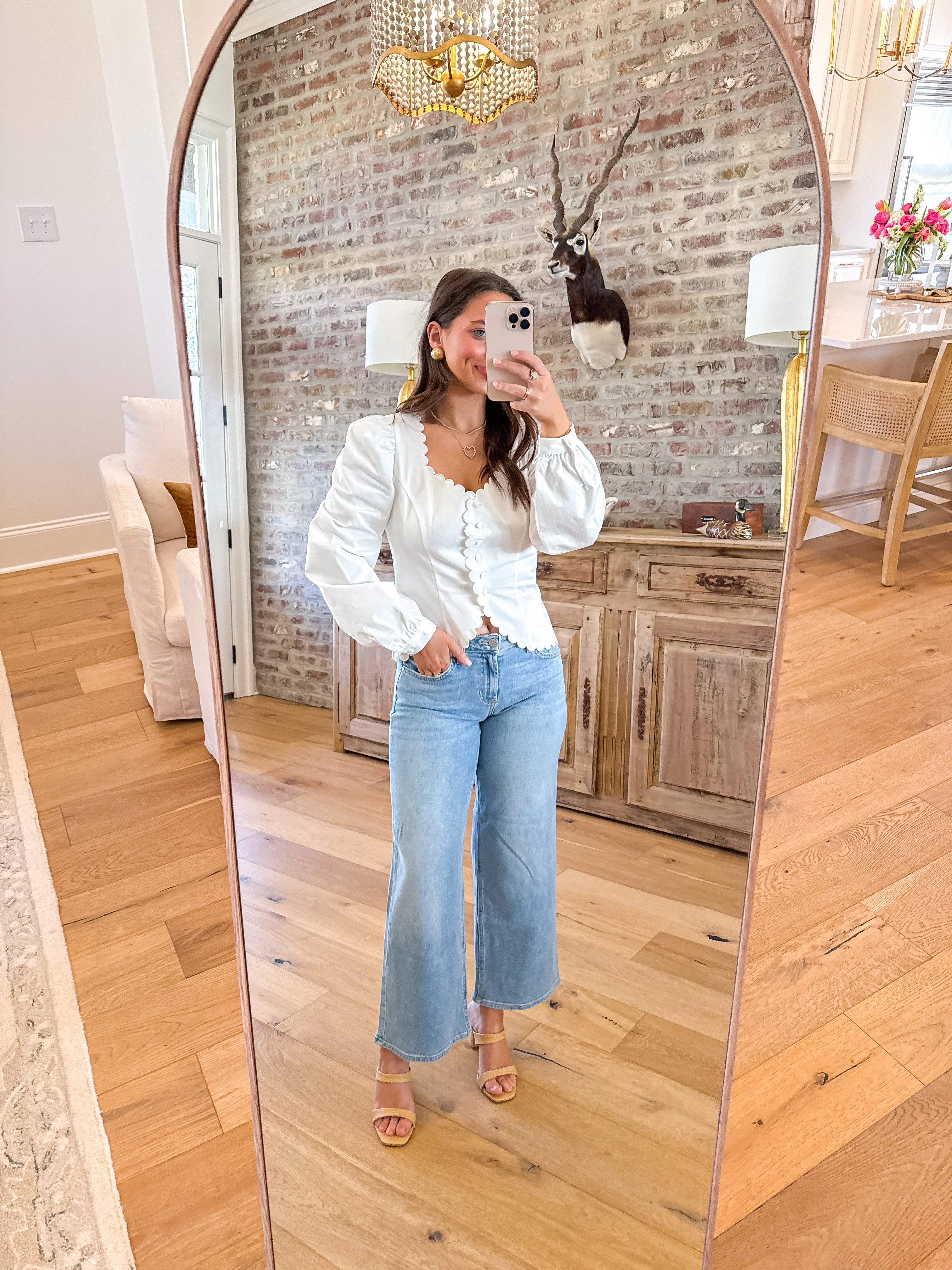 Scalloped Puff Sleeve Button Down Blouse