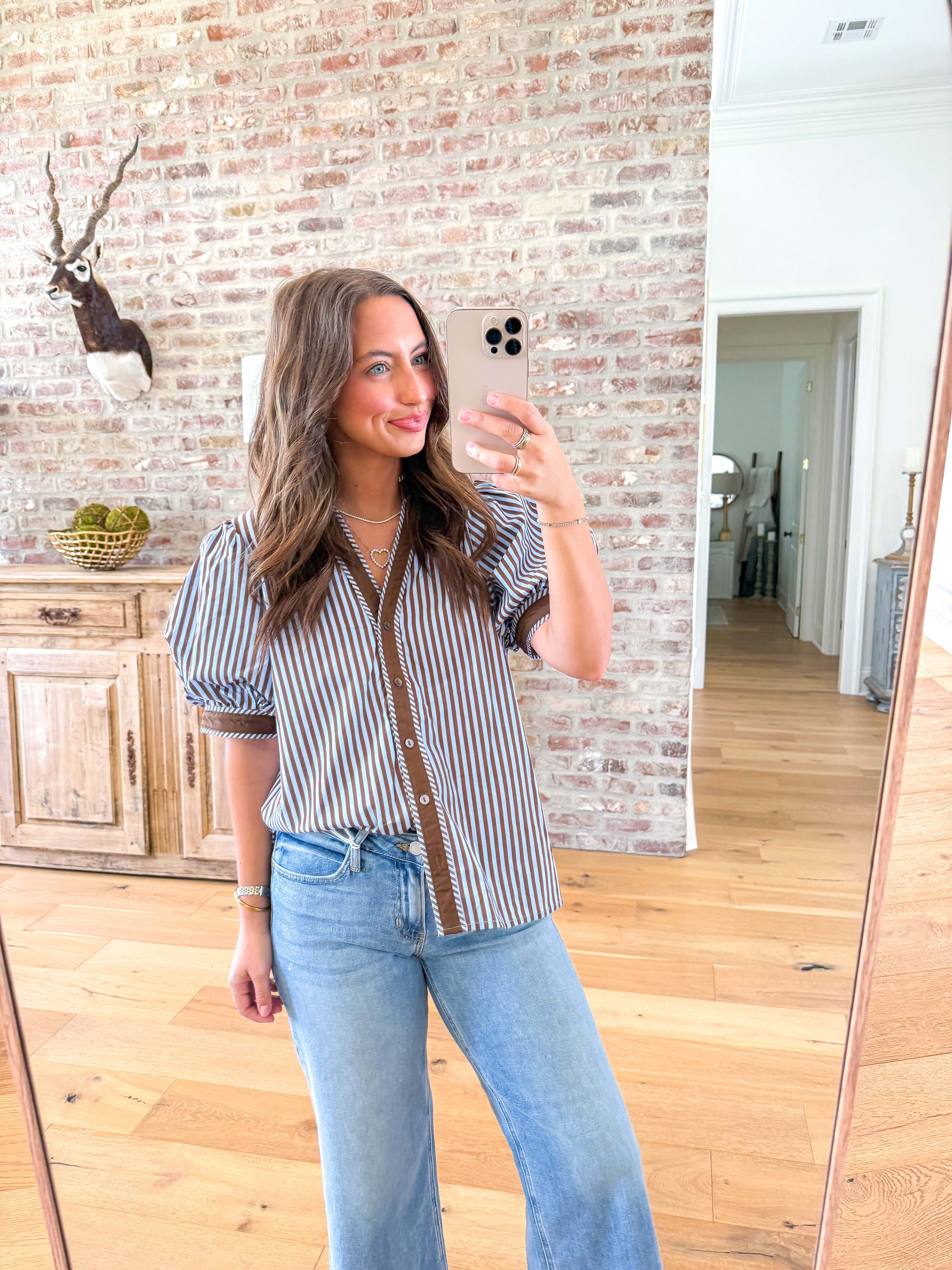 The Southport Striped Puff Sleeve Blouse Brown/Blue