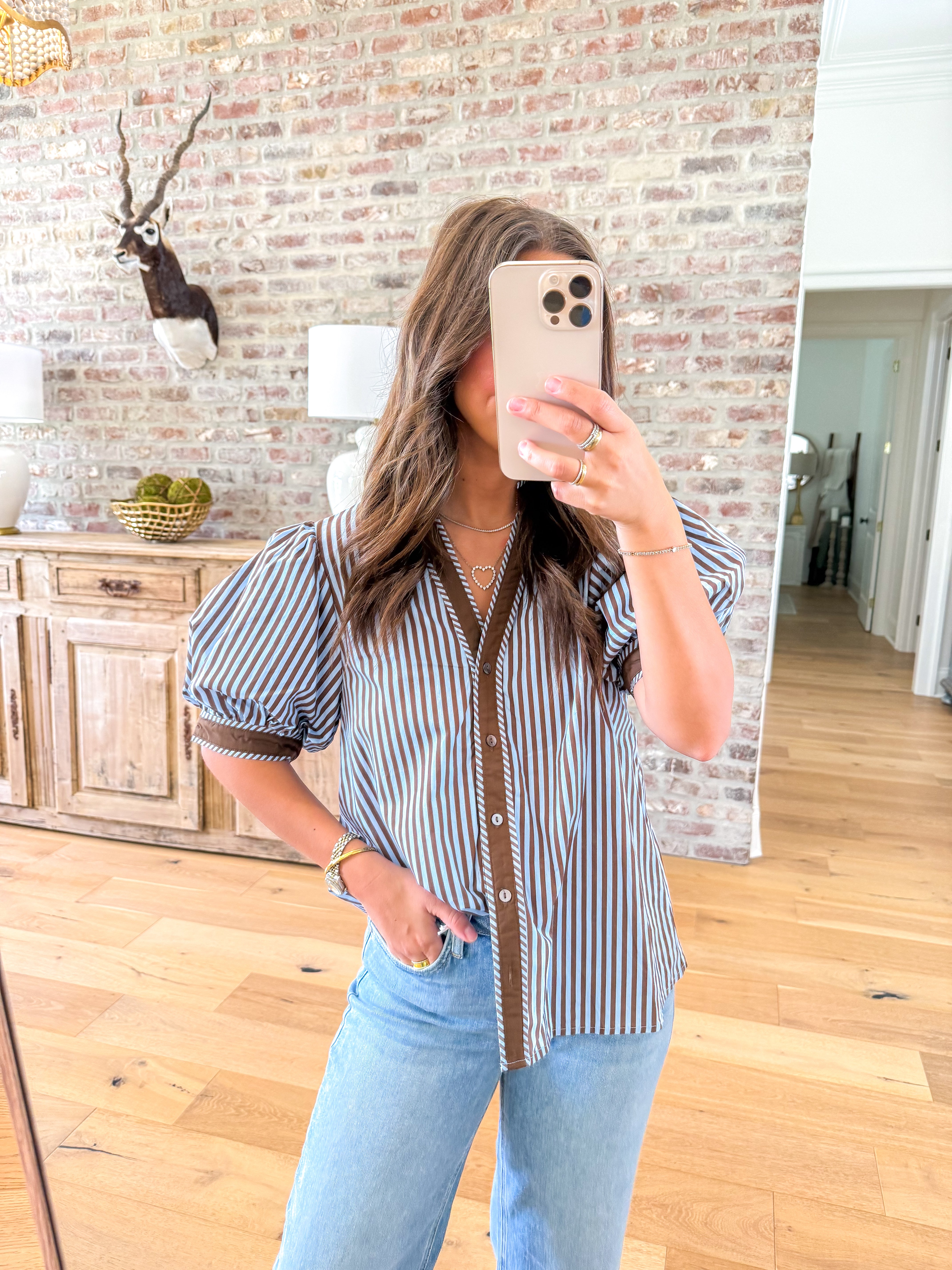 The Southport Striped Puff Sleeve Blouse Brown/Blue