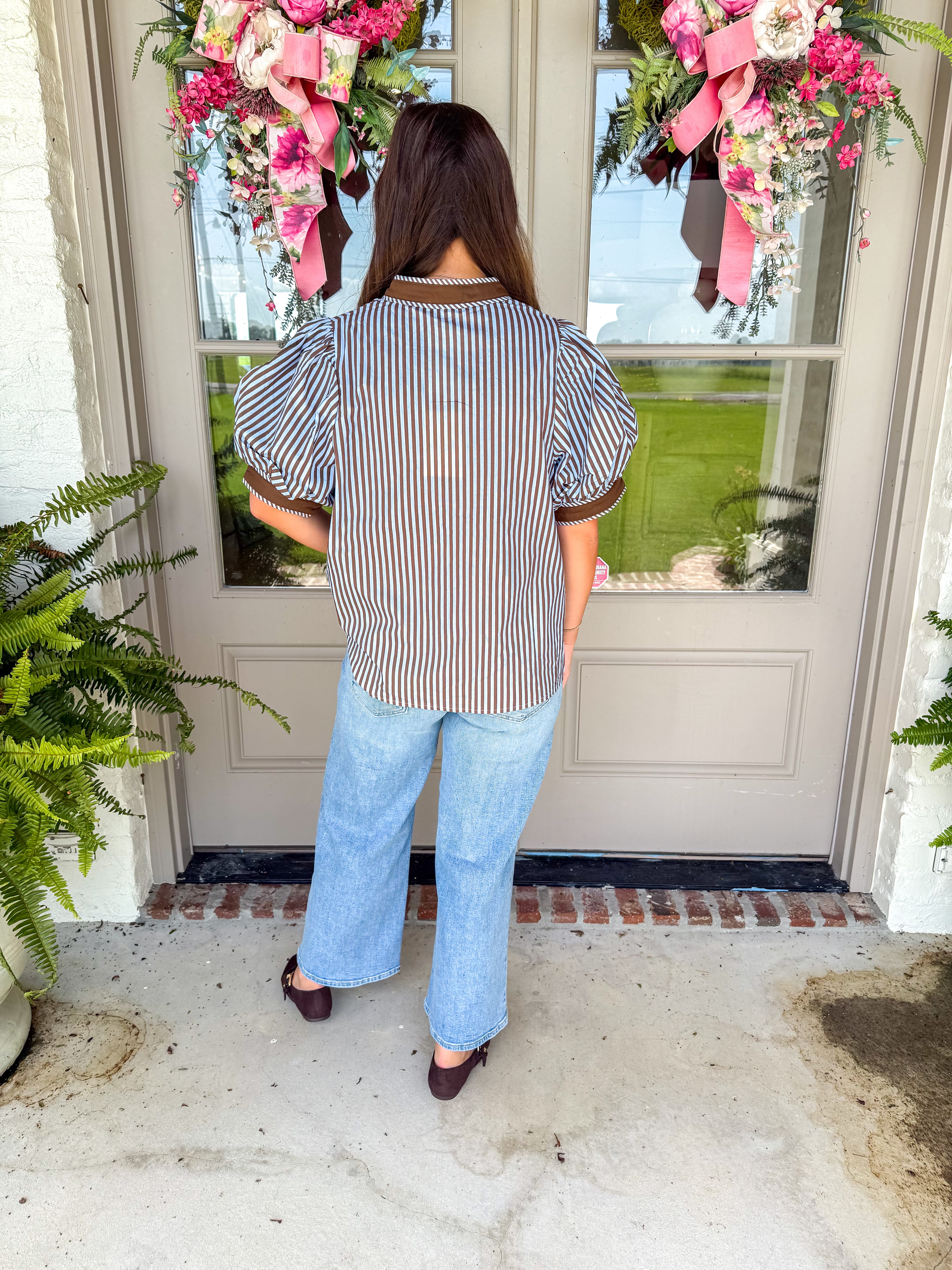 The Southport Striped Puff Sleeve Blouse Brown/Blue