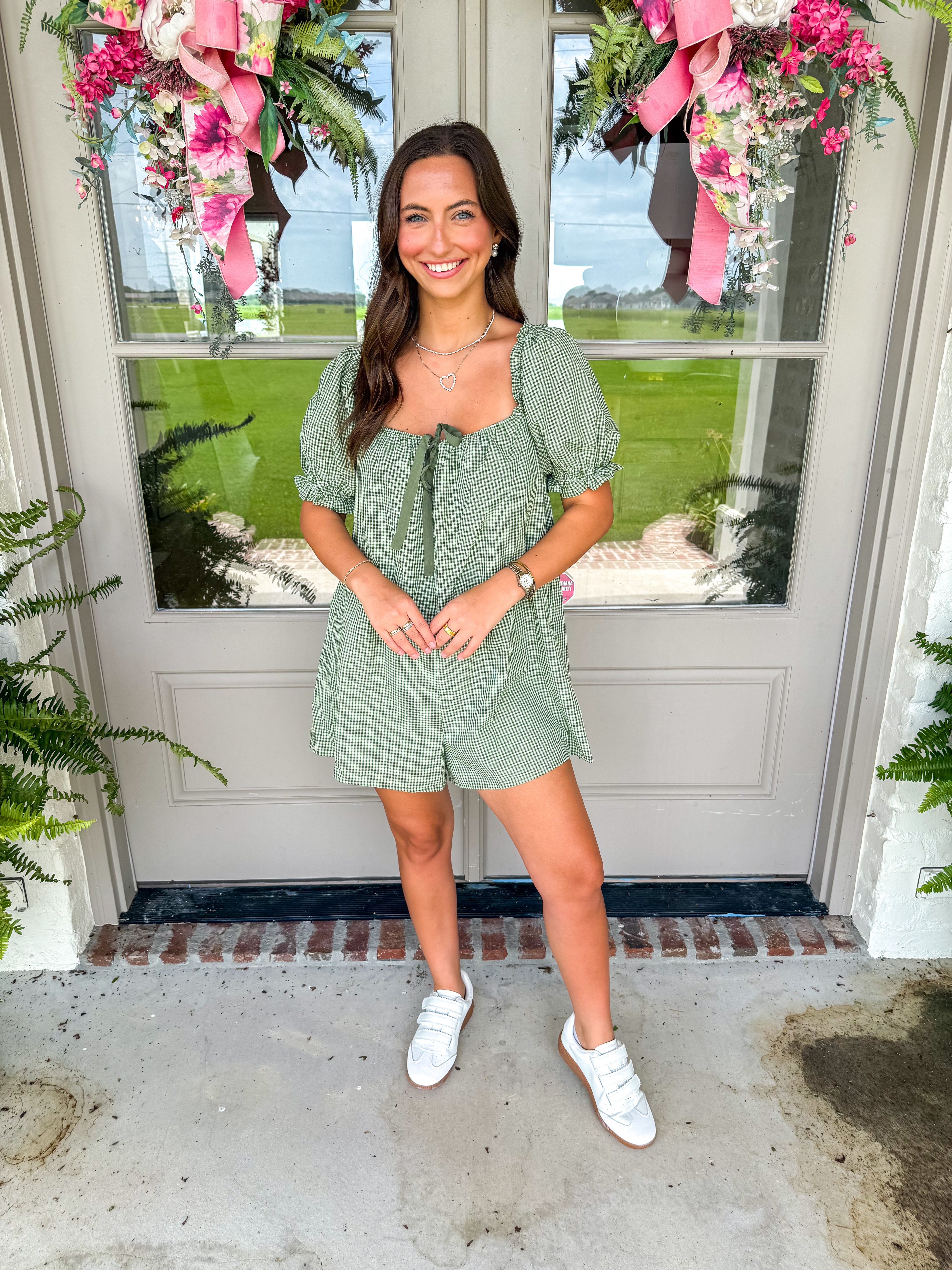 Gingham Ribbon-Tie Puff Sleeve Romper Olive