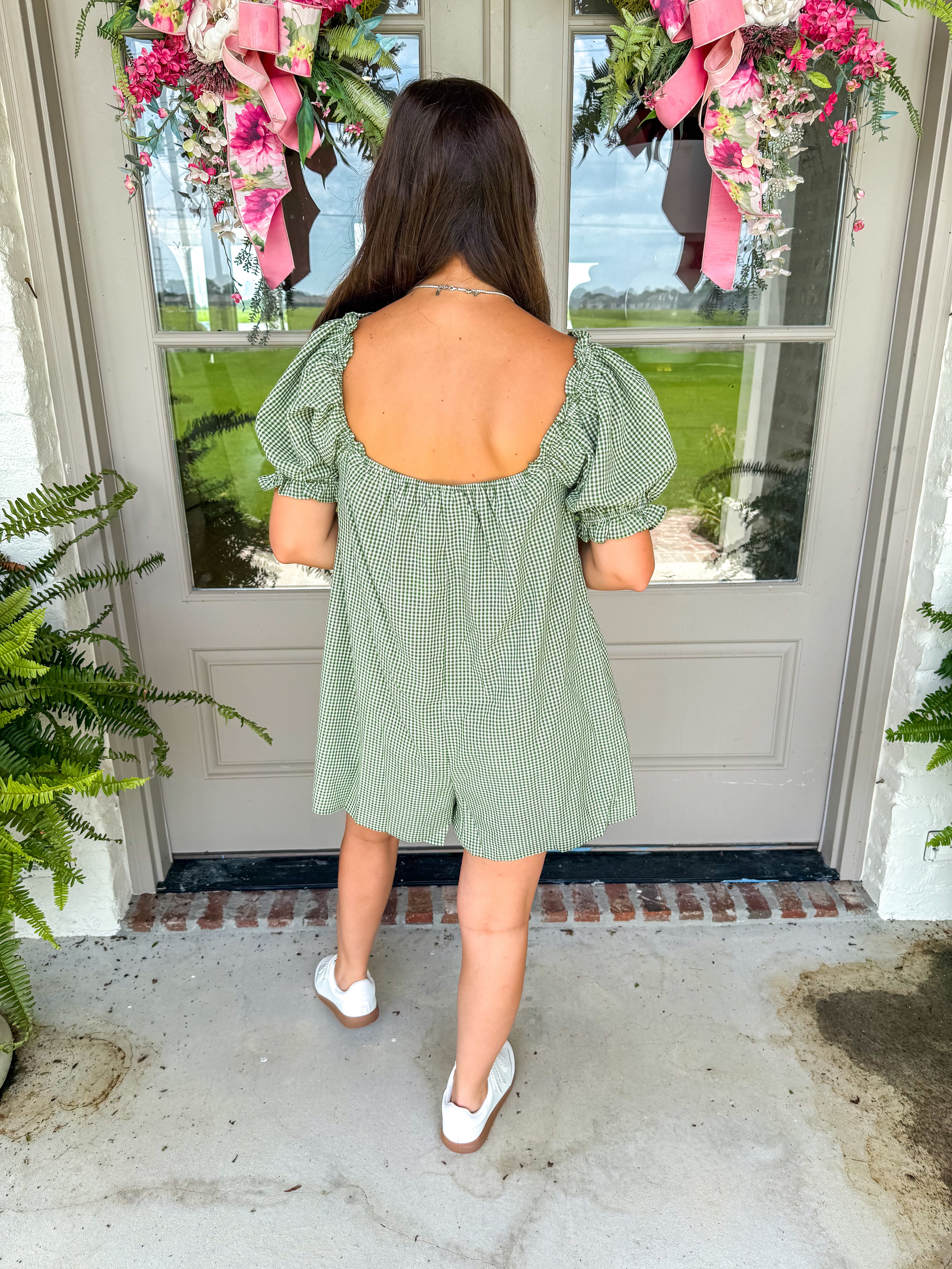 Gingham Ribbon-Tie Puff Sleeve Romper Olive