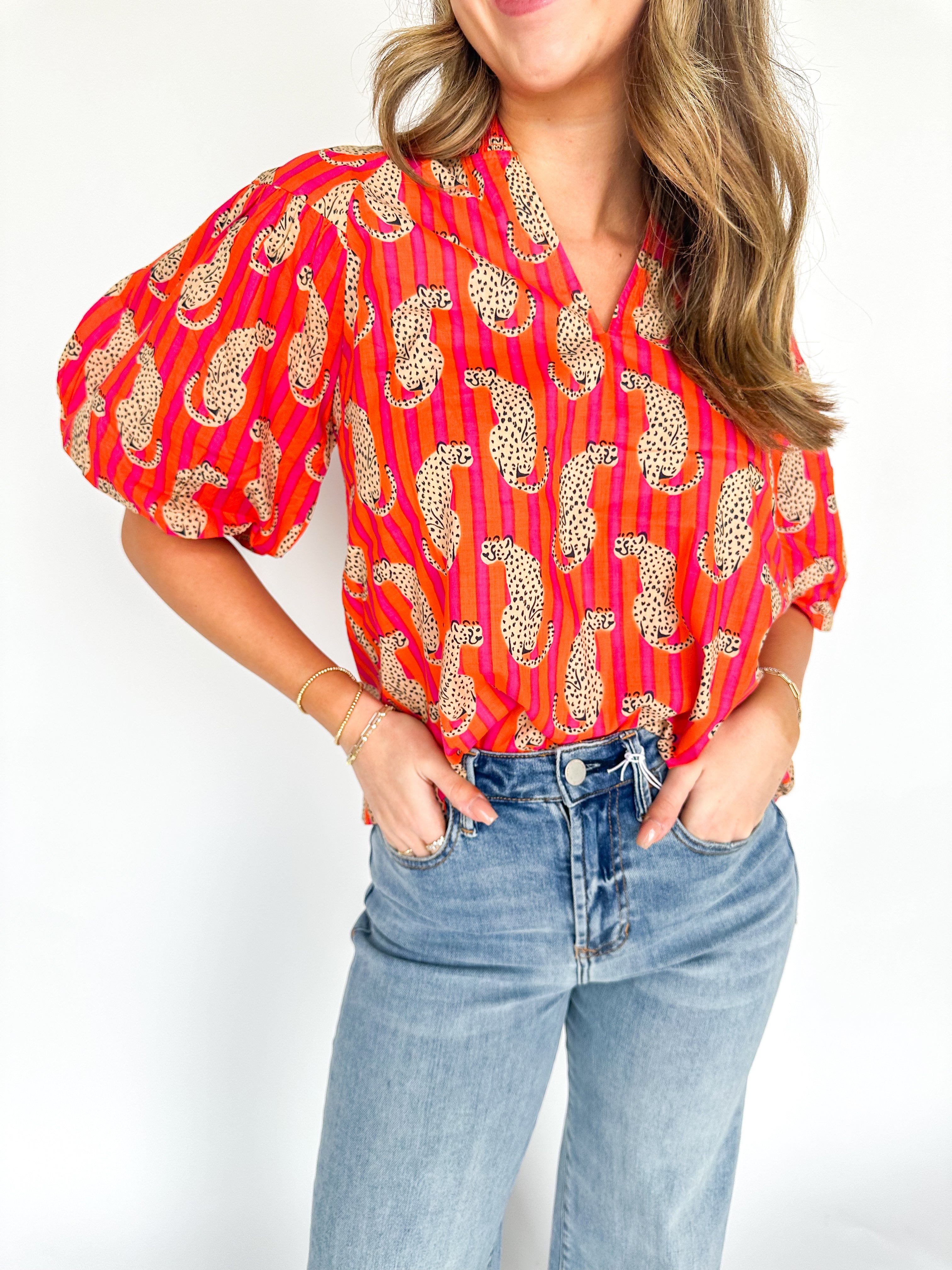 Striped Cheeta Puff Sleeve Top