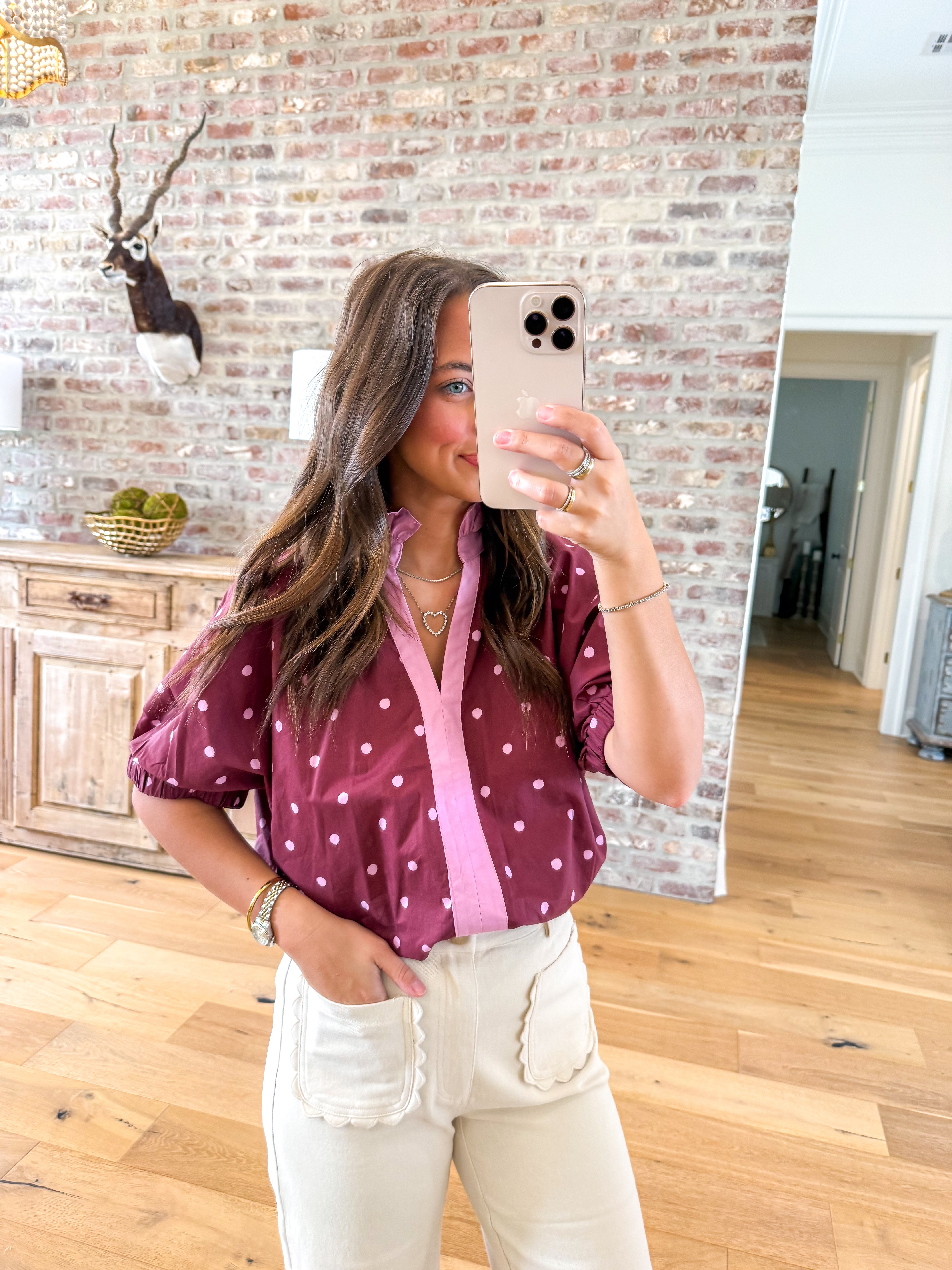 Wine & Dots Ruffle Blouse