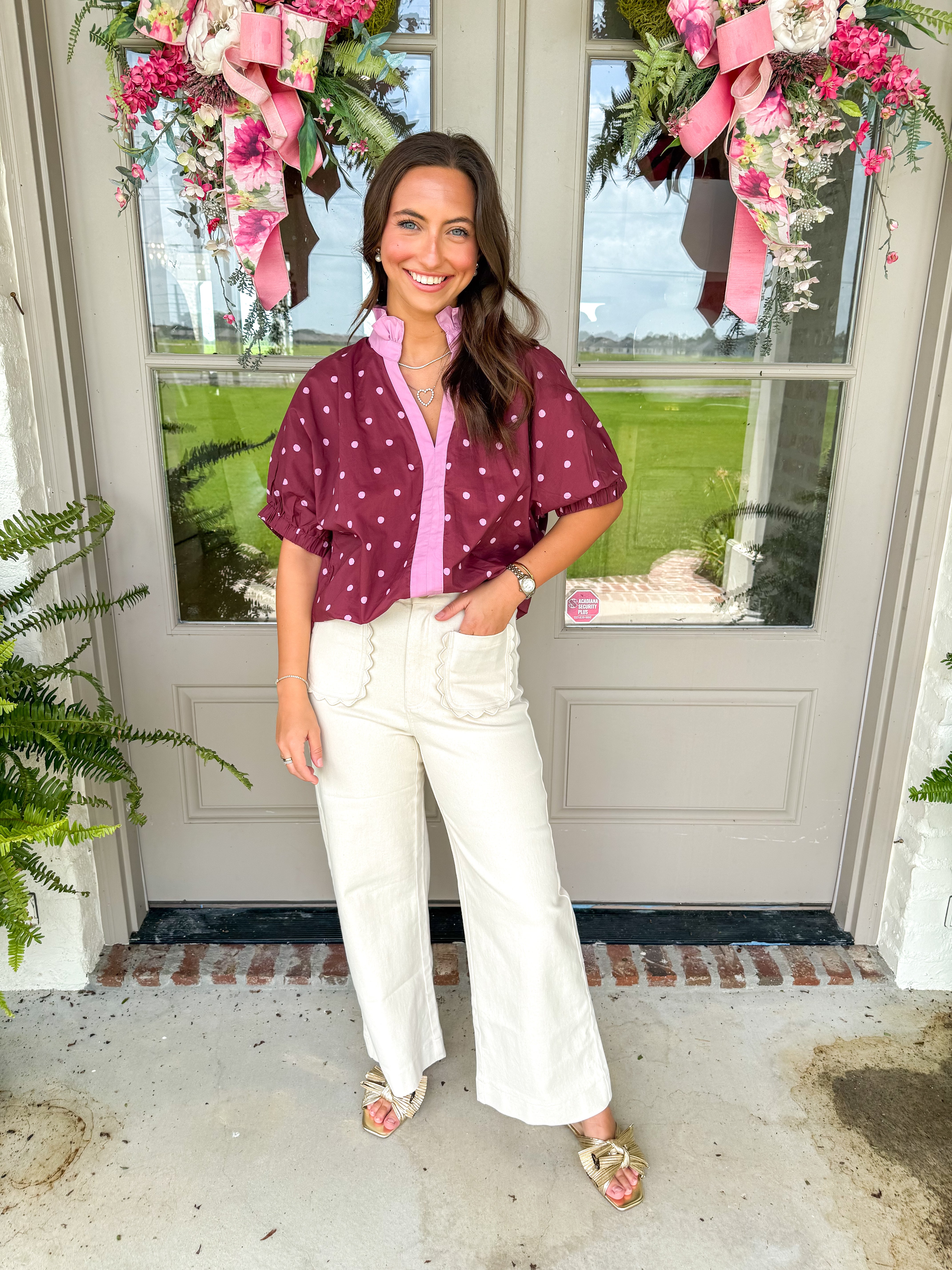 Wine & Dots Ruffle Blouse