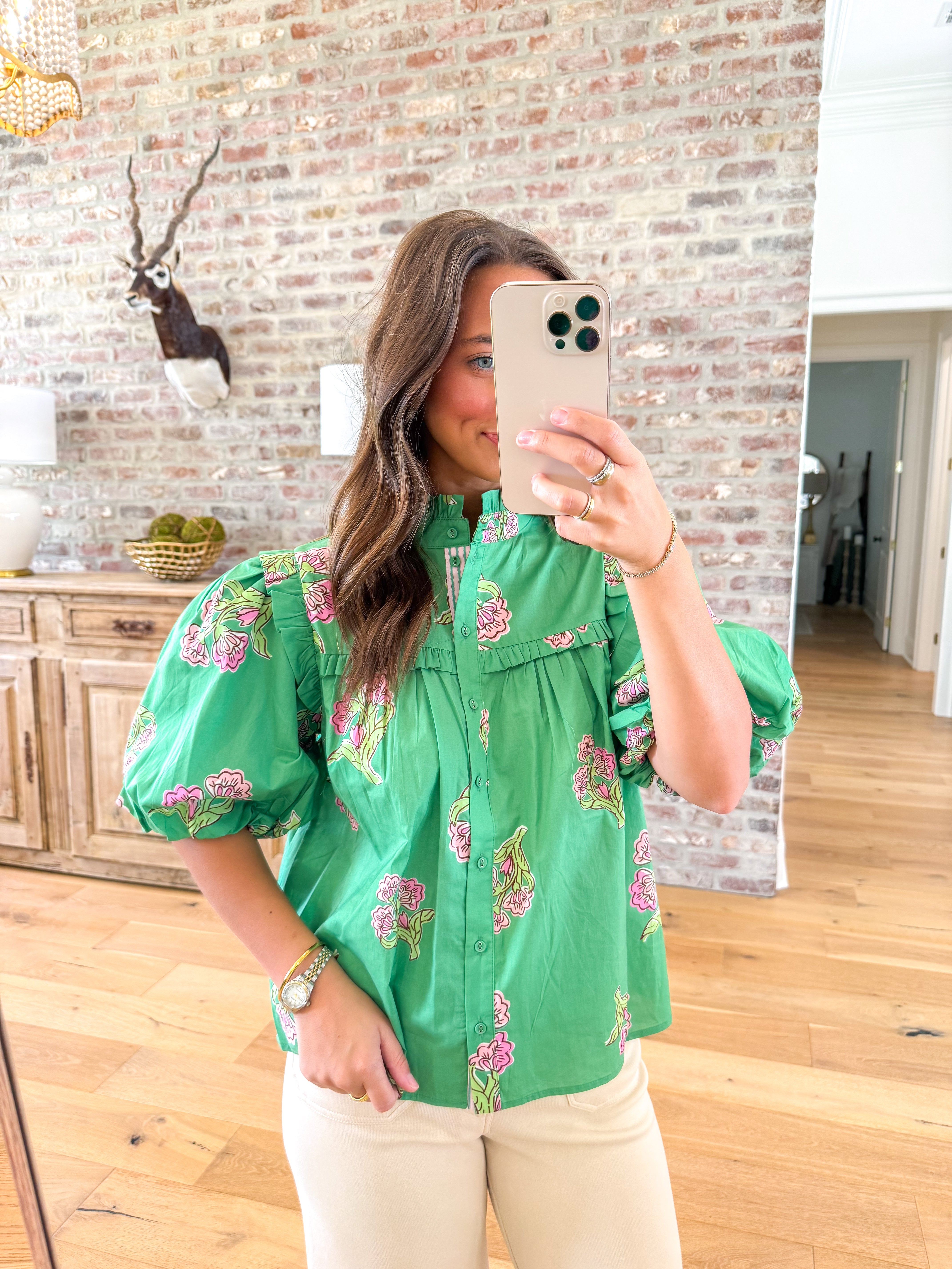 Kelly Green Floral Puff Sleeve Top
