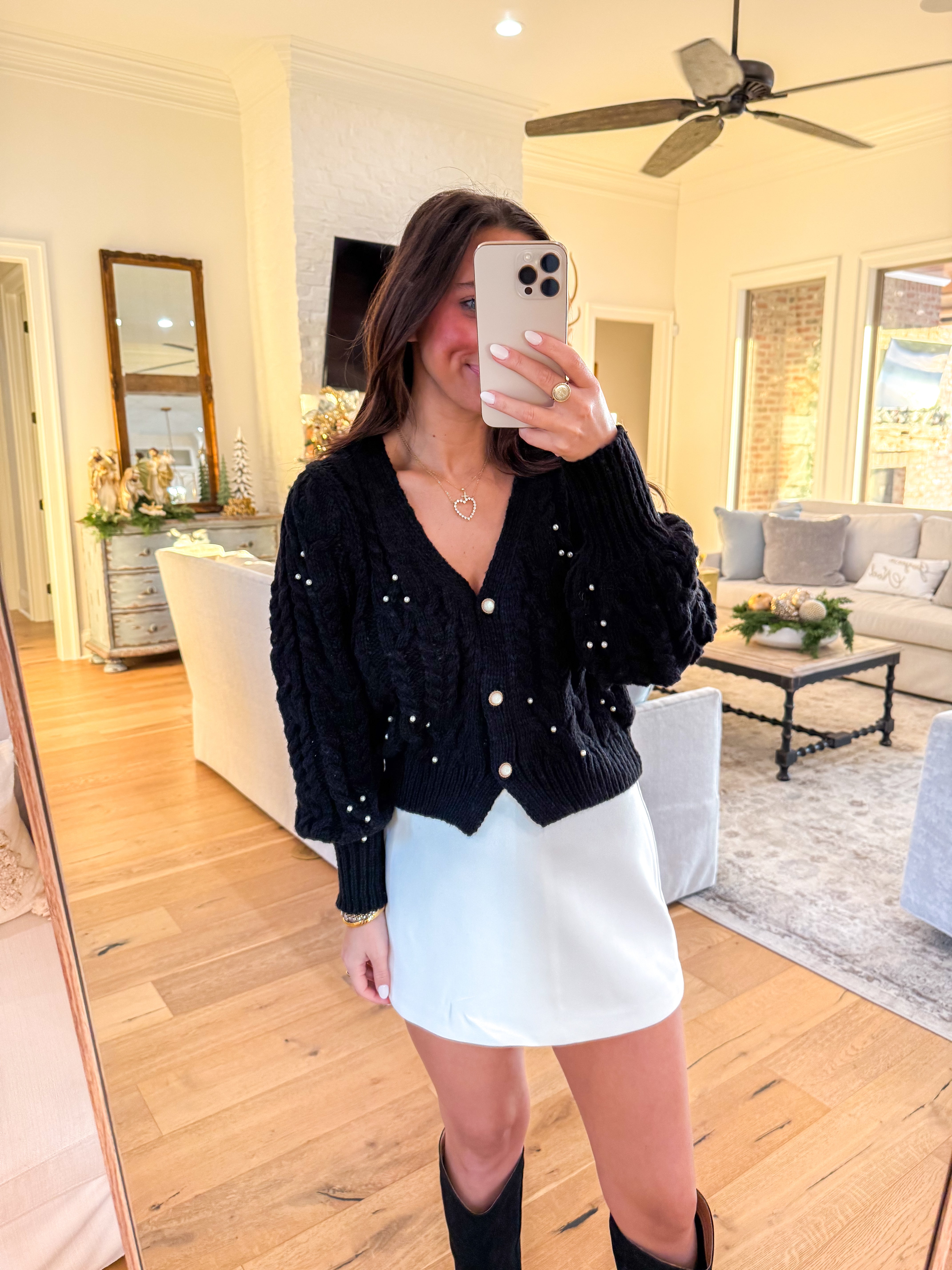 Jewel Box Pearl Embellished Black Cardigan