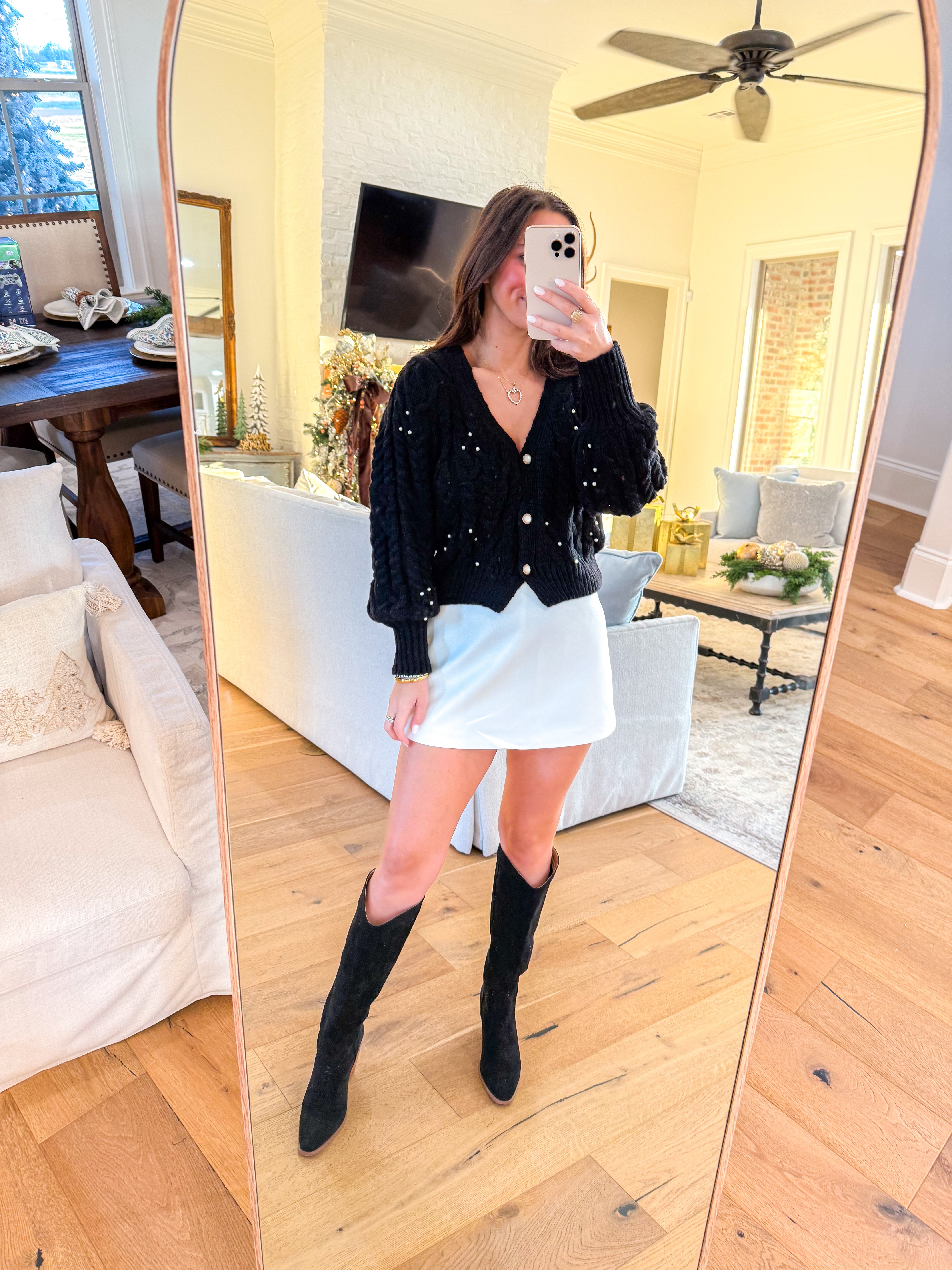 Jewel Box Pearl Embellished Black Cardigan