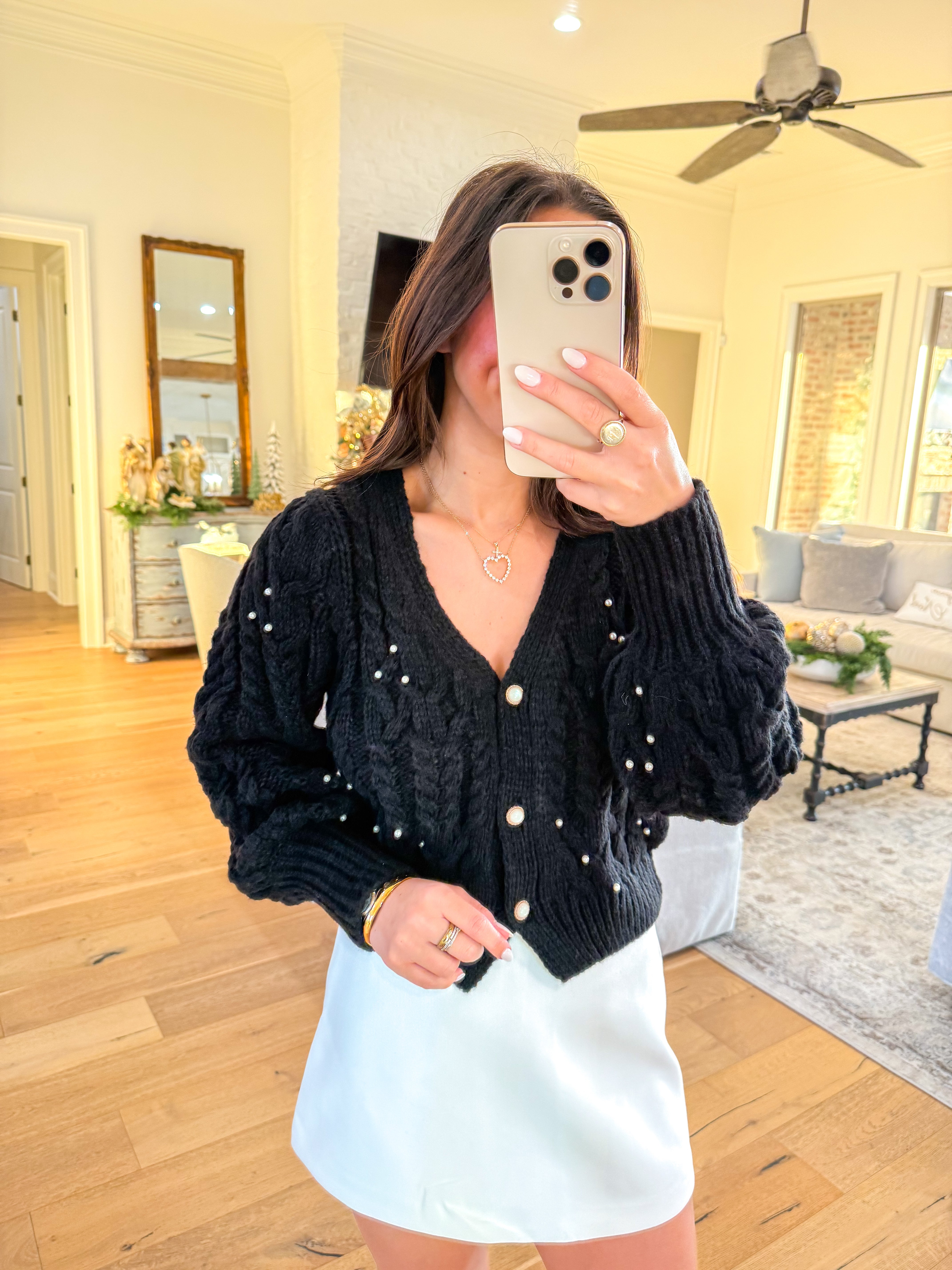 Jewel Box Pearl Embellished Black Cardigan