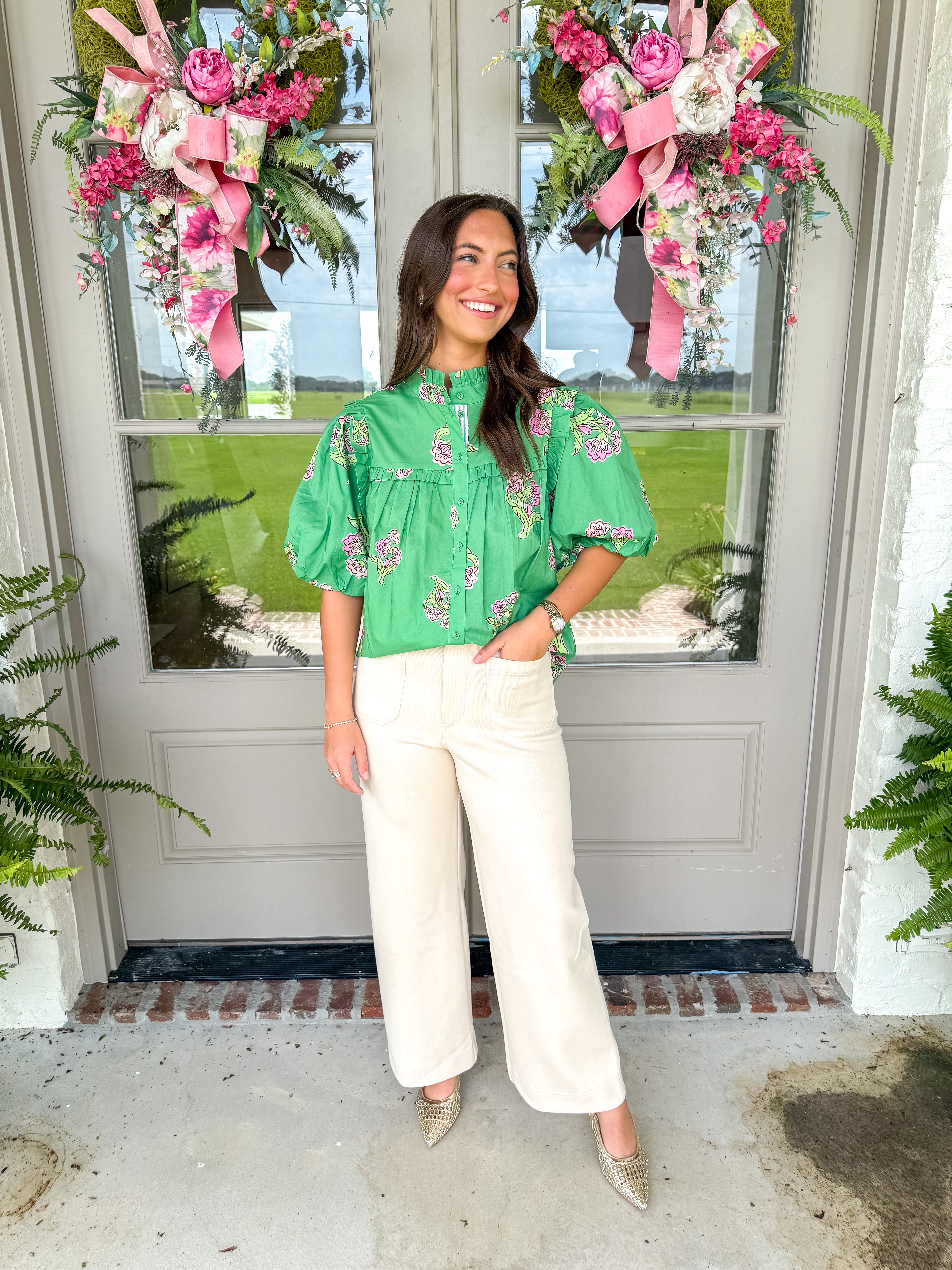 Kelly Green Floral Puff Sleeve Top