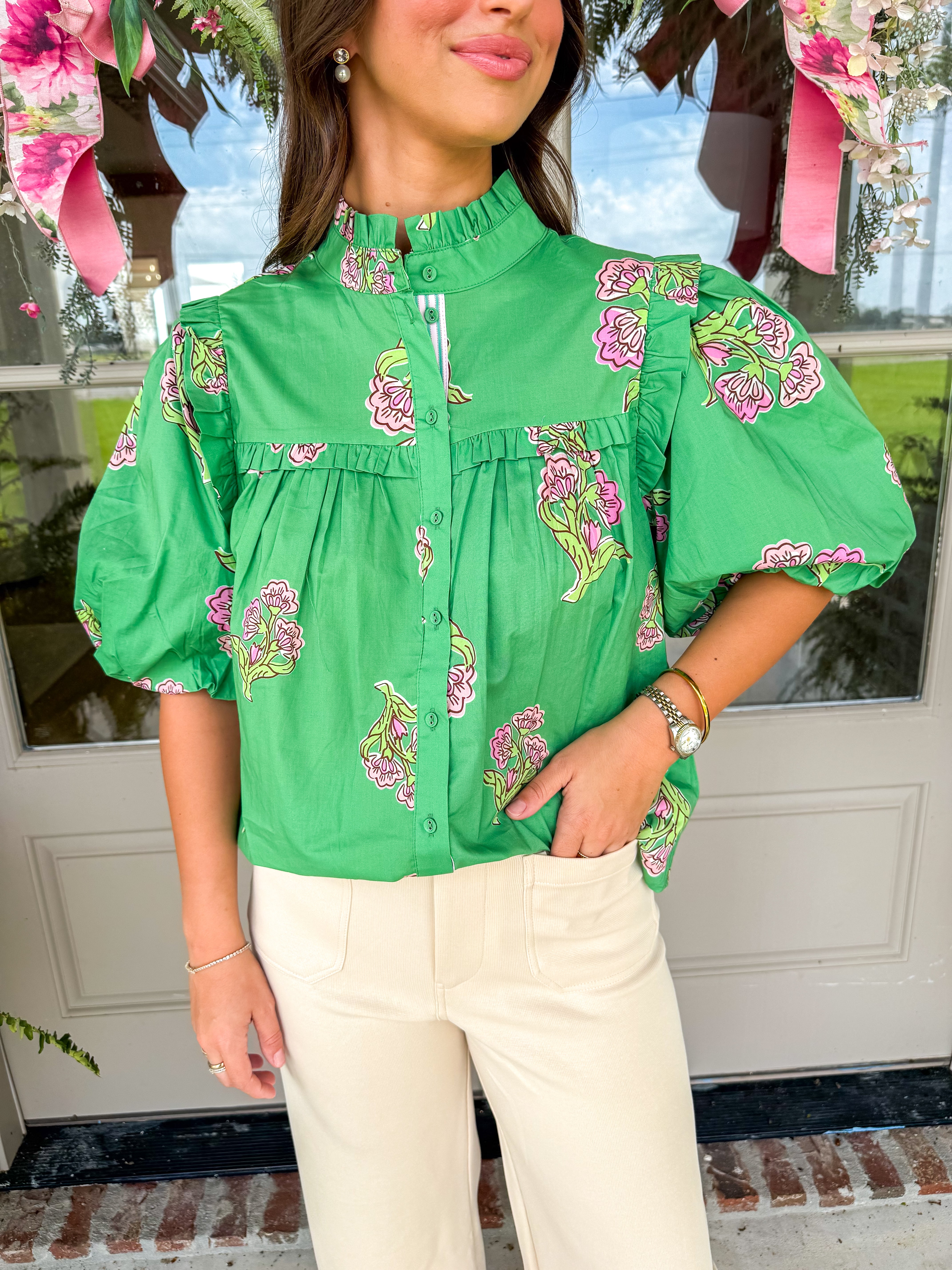 Kelly Green Floral Puff Sleeve Top