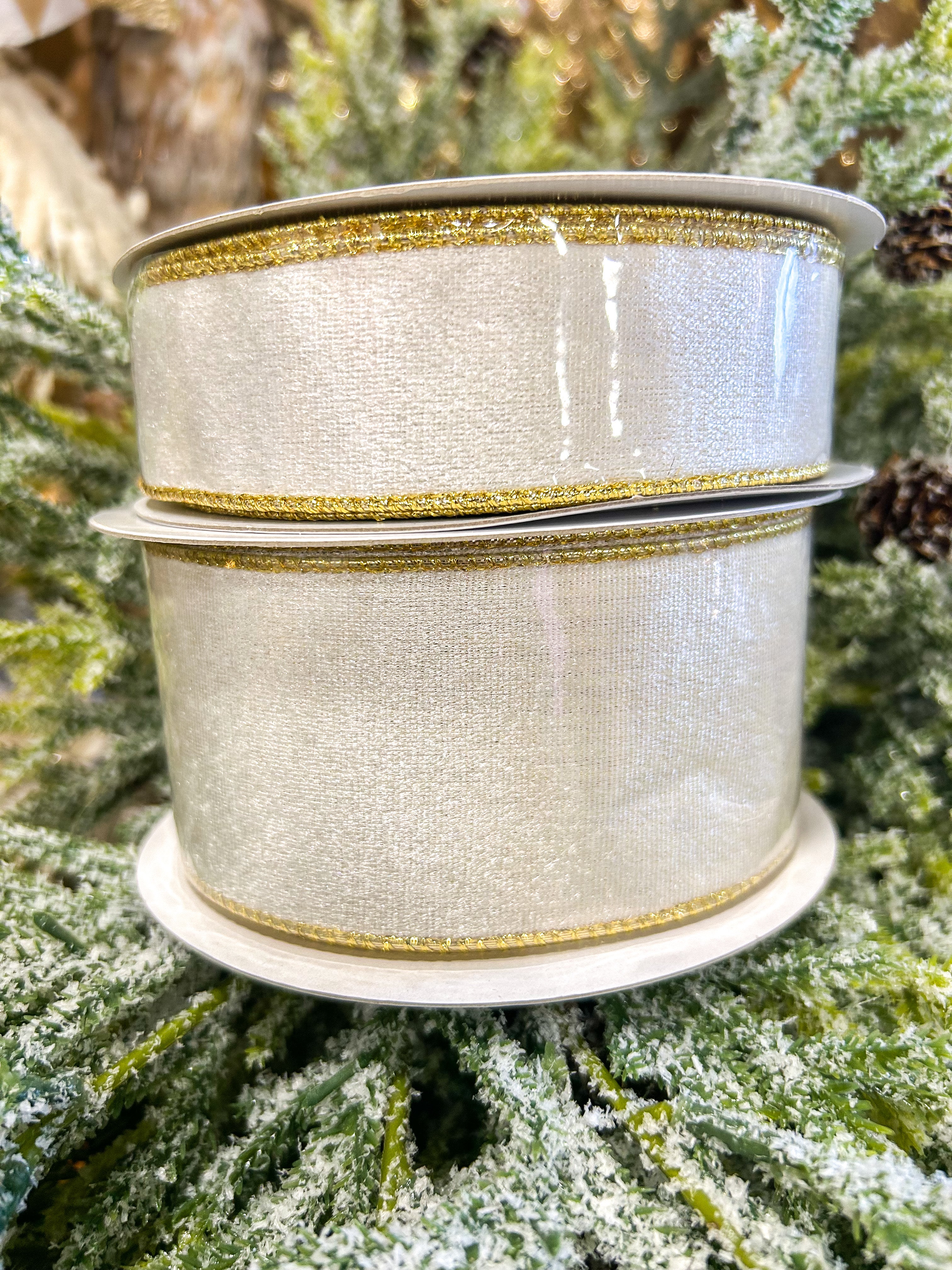 White Wired Velvet Metallic Ribbon