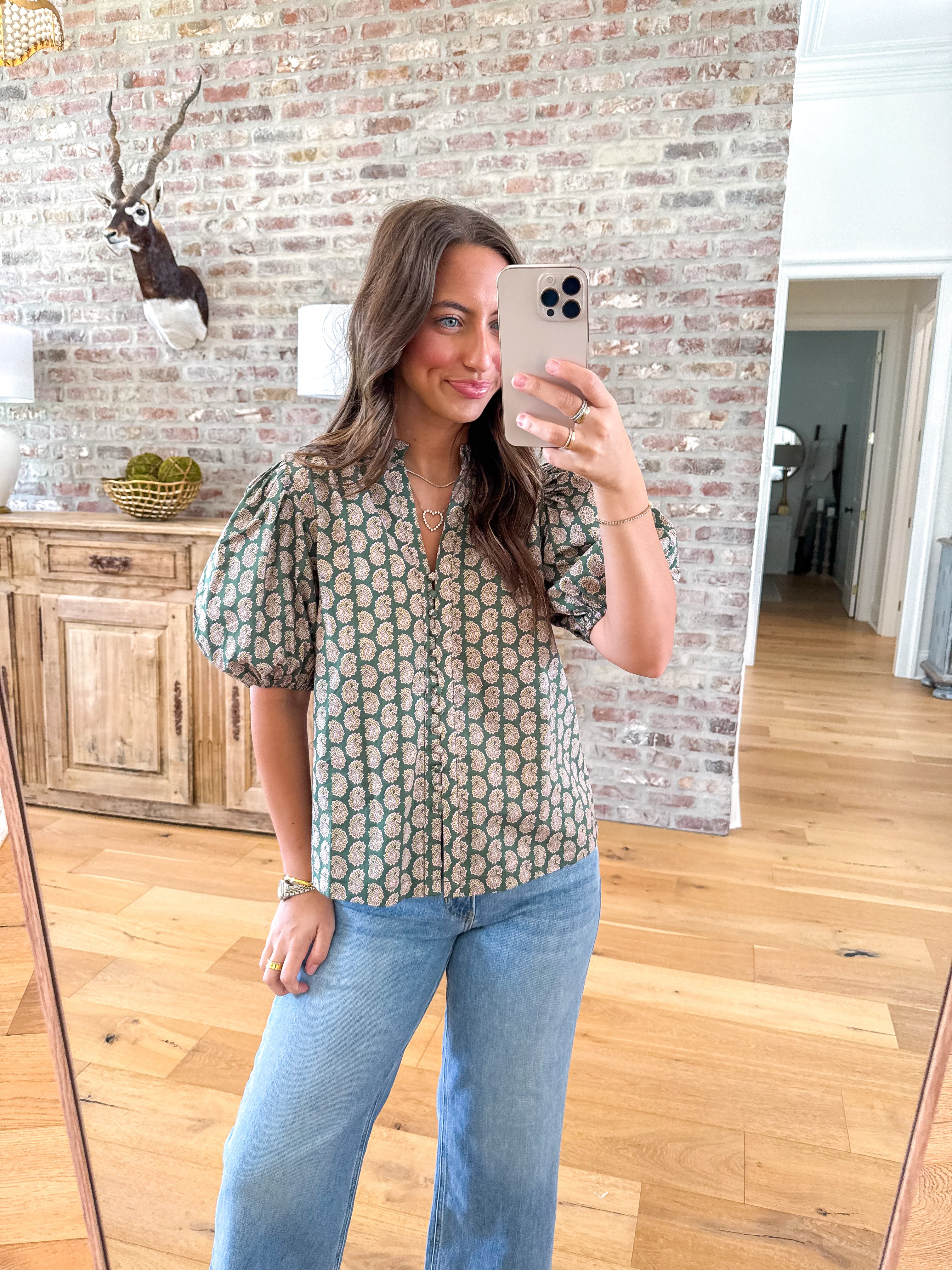 Olive Paisley Puff Sleeve Blouse