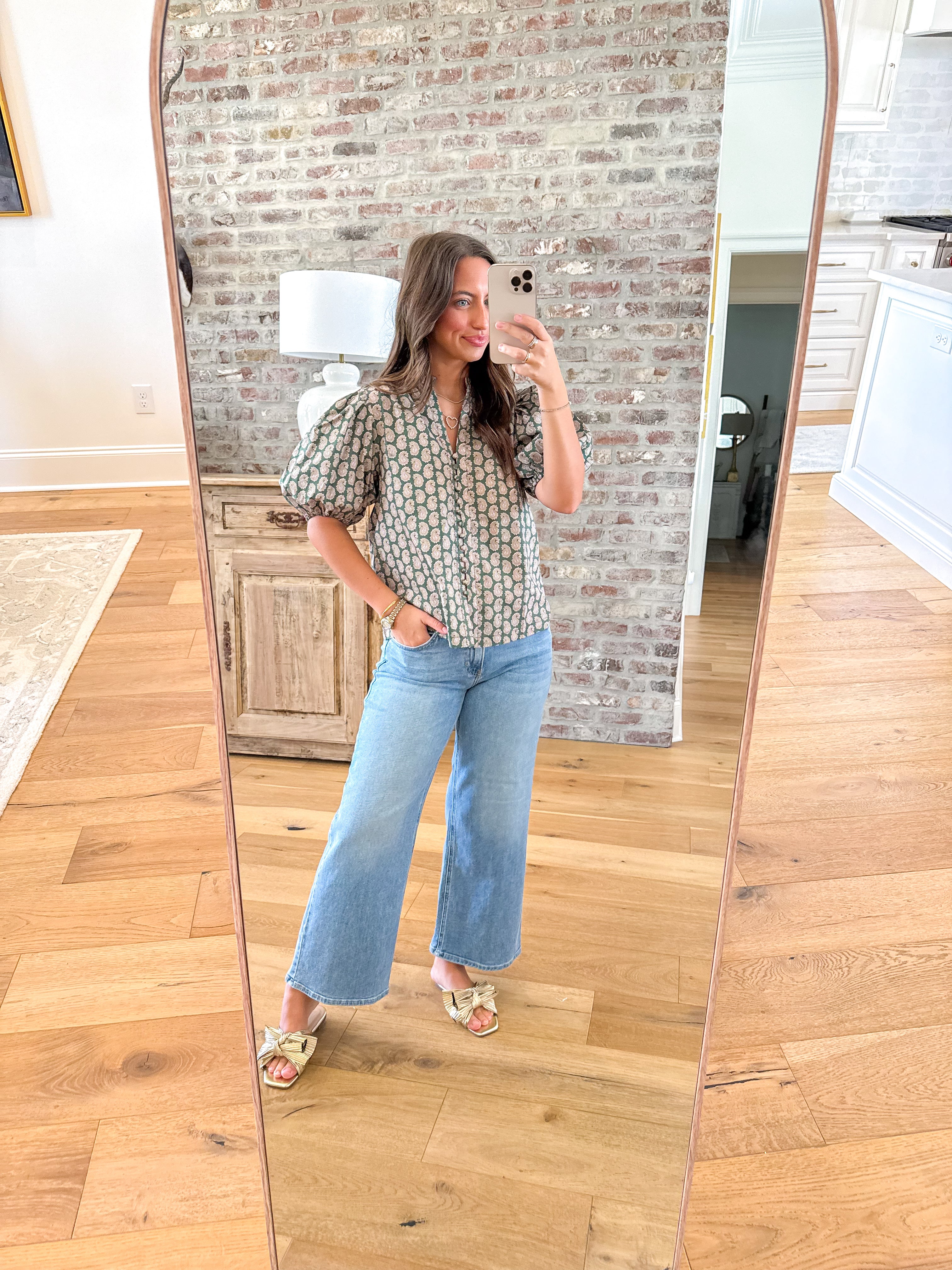 Olive Paisley Puff Sleeve Blouse