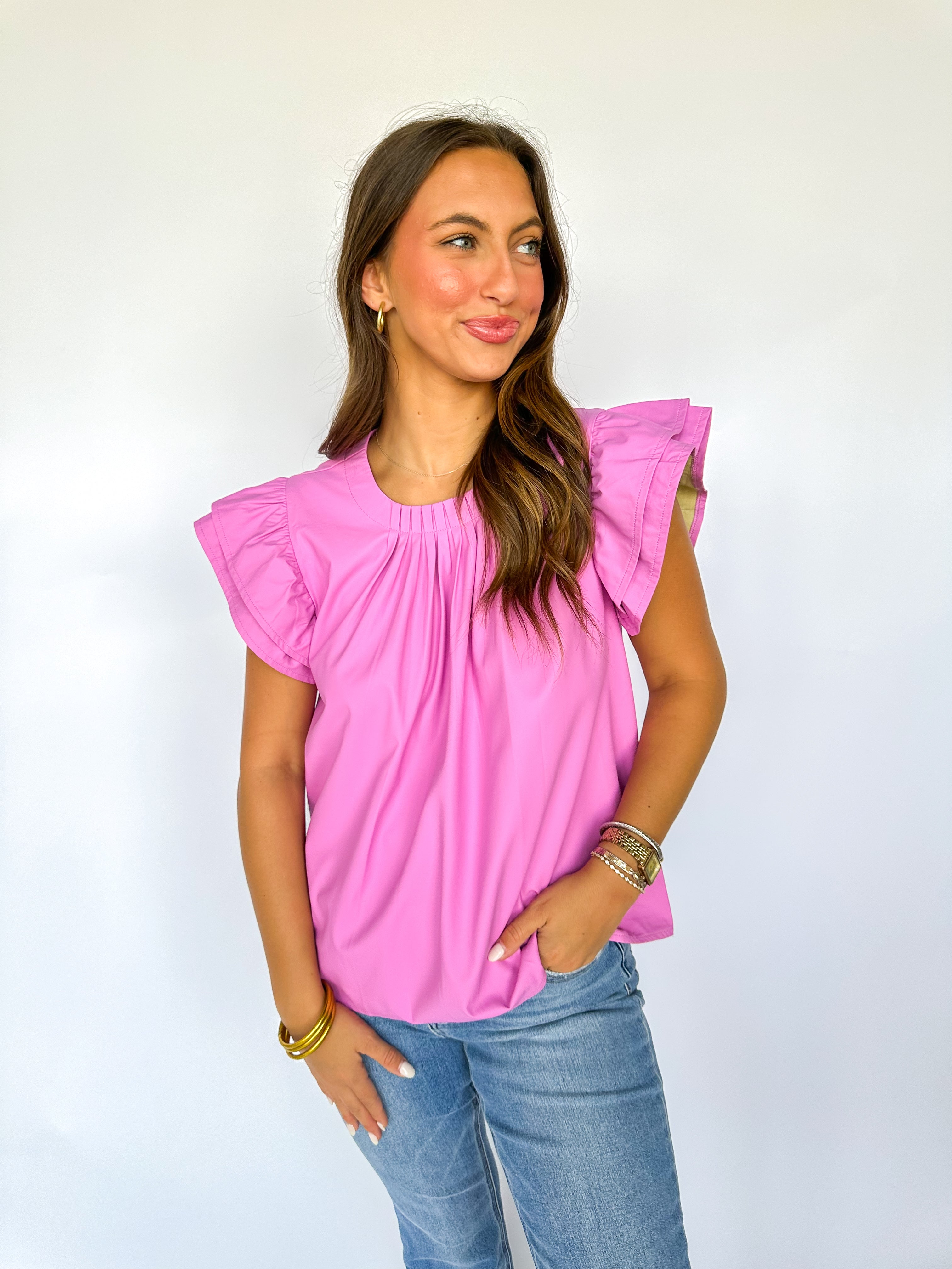 Flutter Sleeve Leather Top Pink