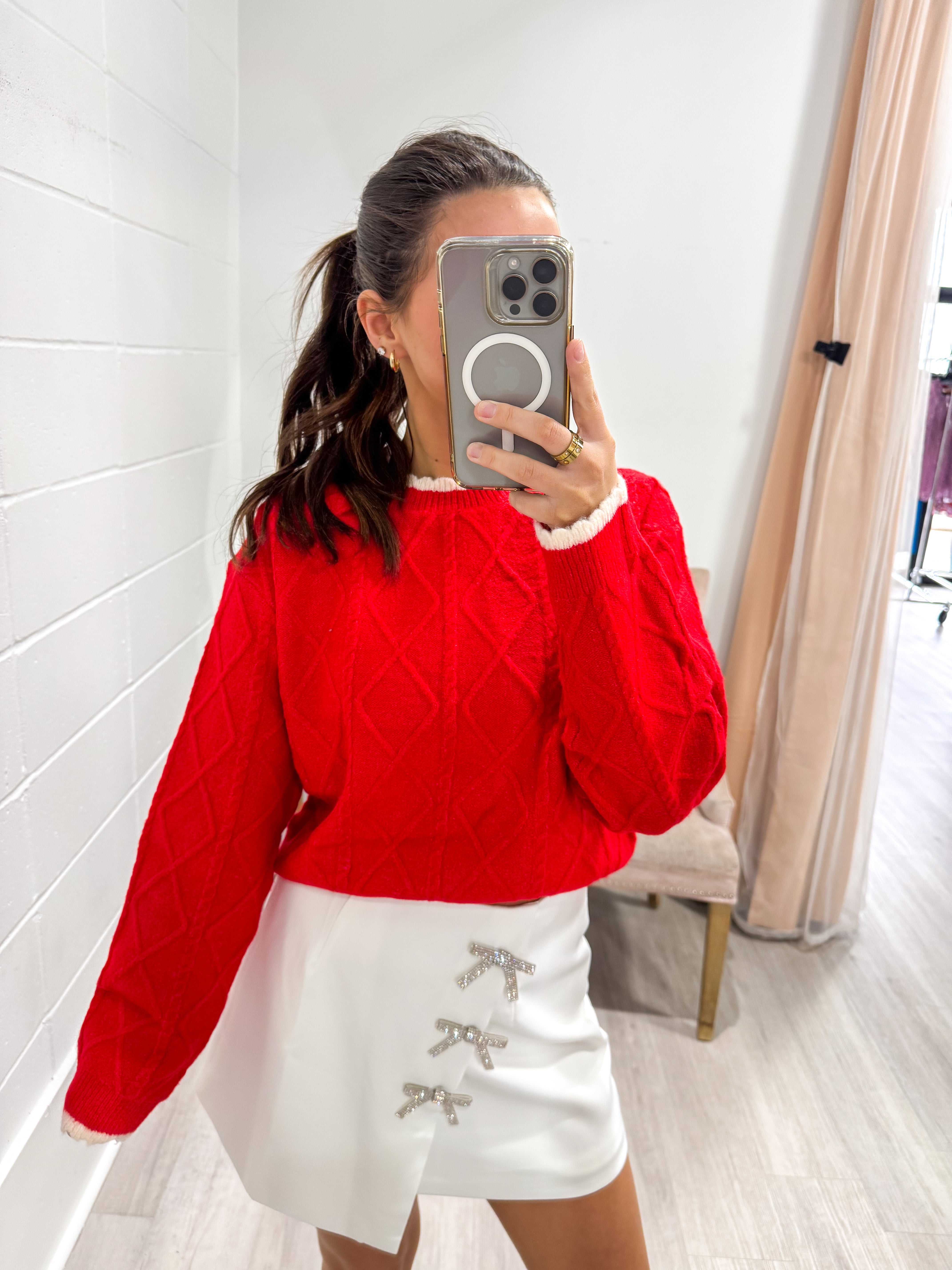 Cable Scallop Edge Red Sweater