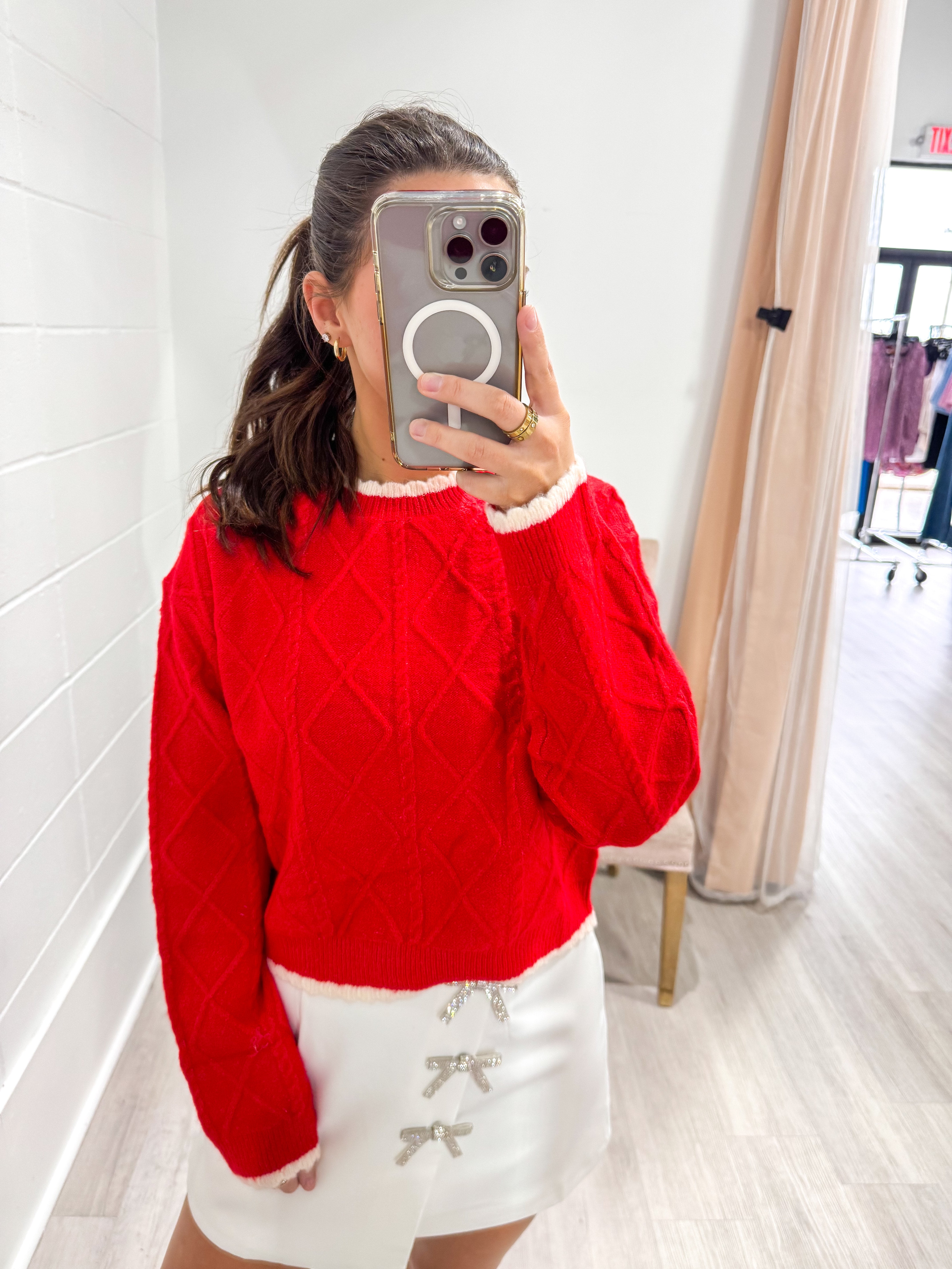 Cable Scallop Edge Red Sweater