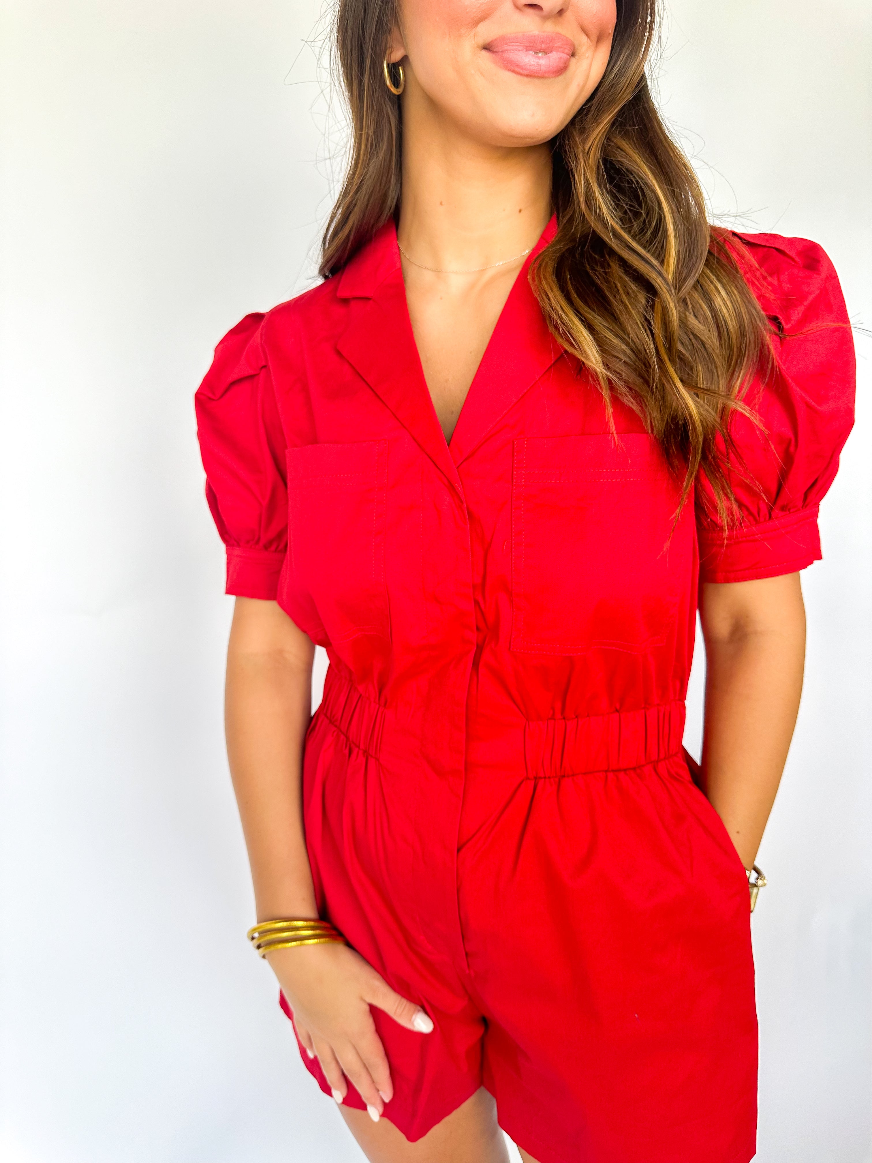 That Girl Denim Romper Red