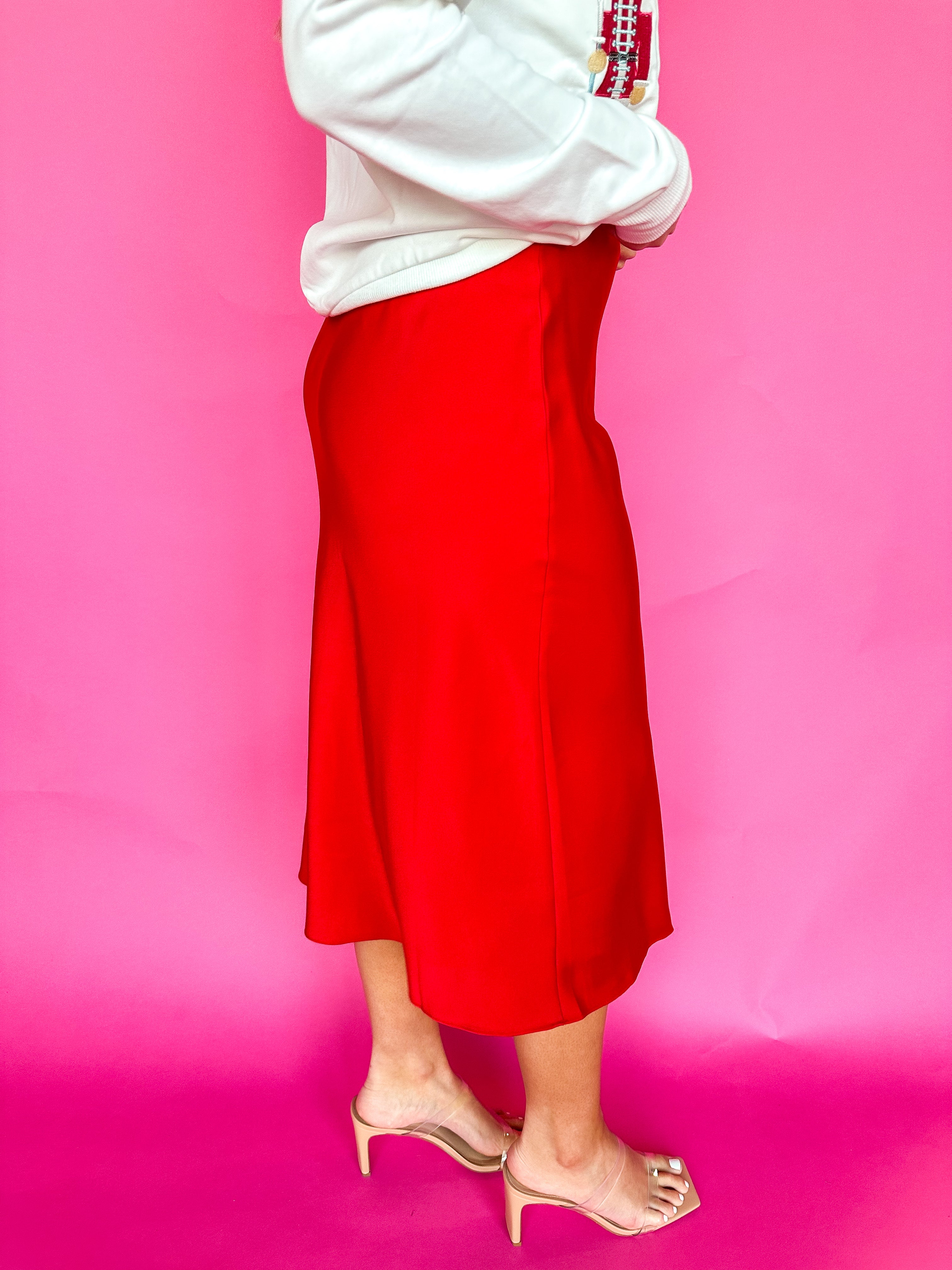 Red Silk Midi Skirt