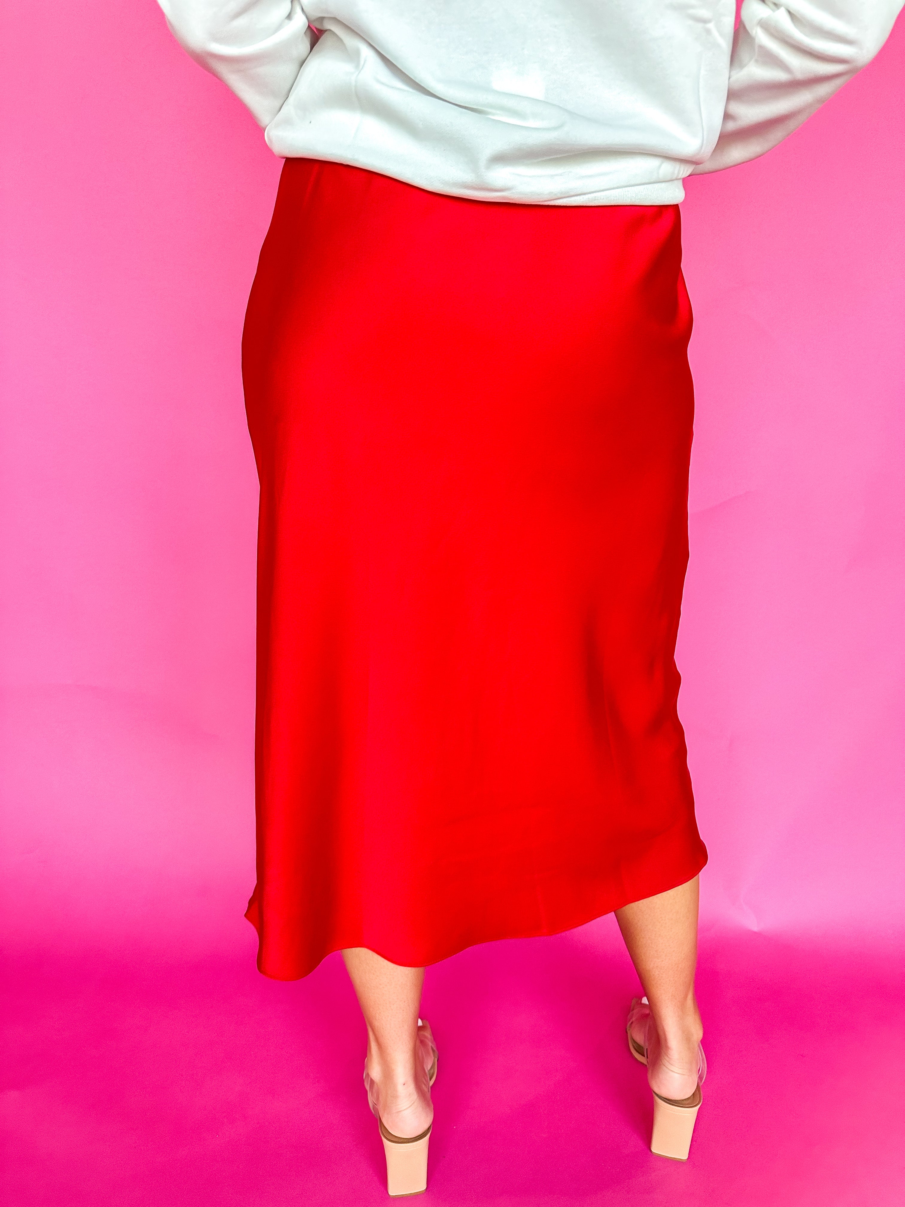 Red Silk Midi Skirt