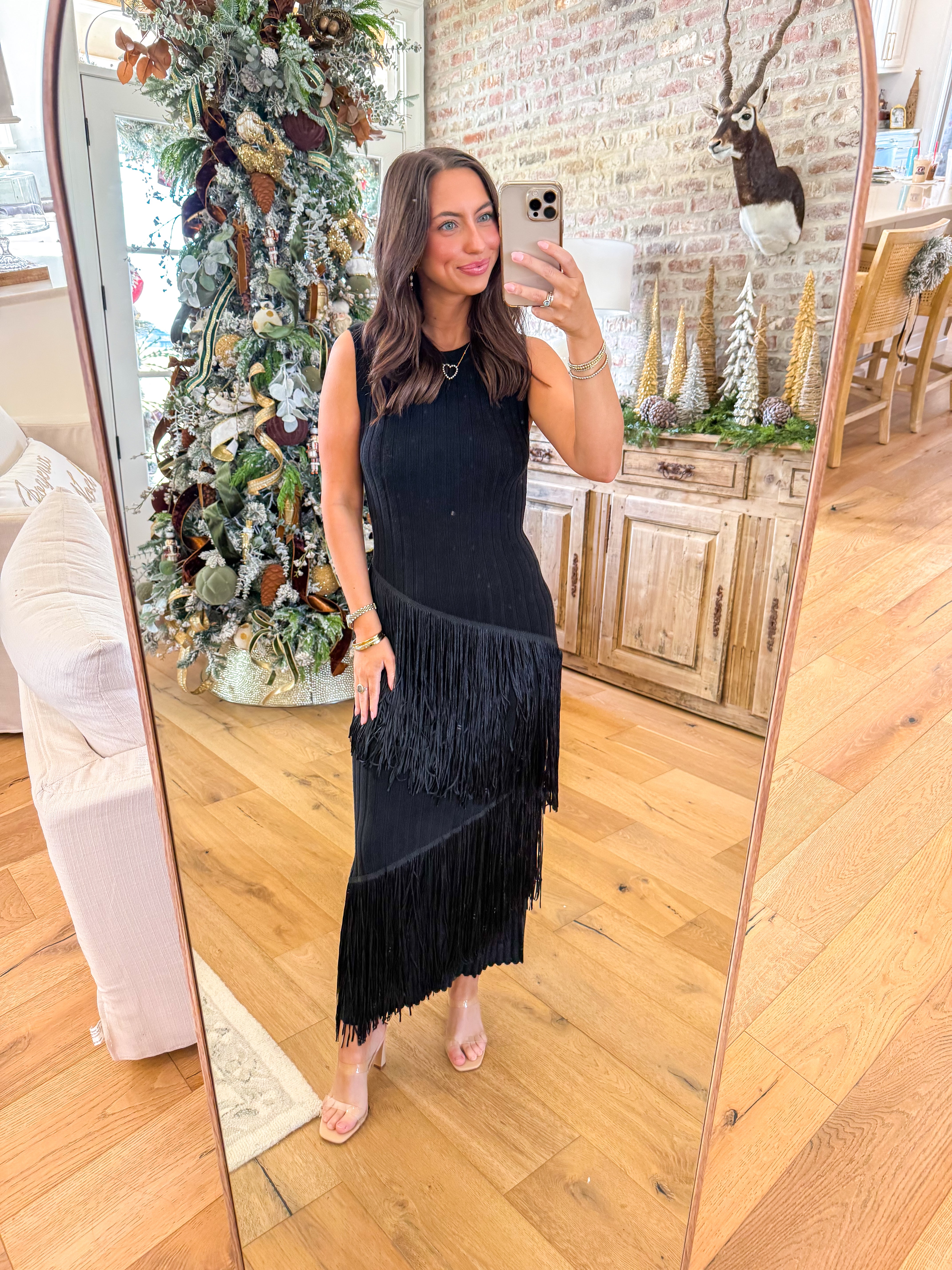 Fringe-Play Ribbed Maxi Dress Black