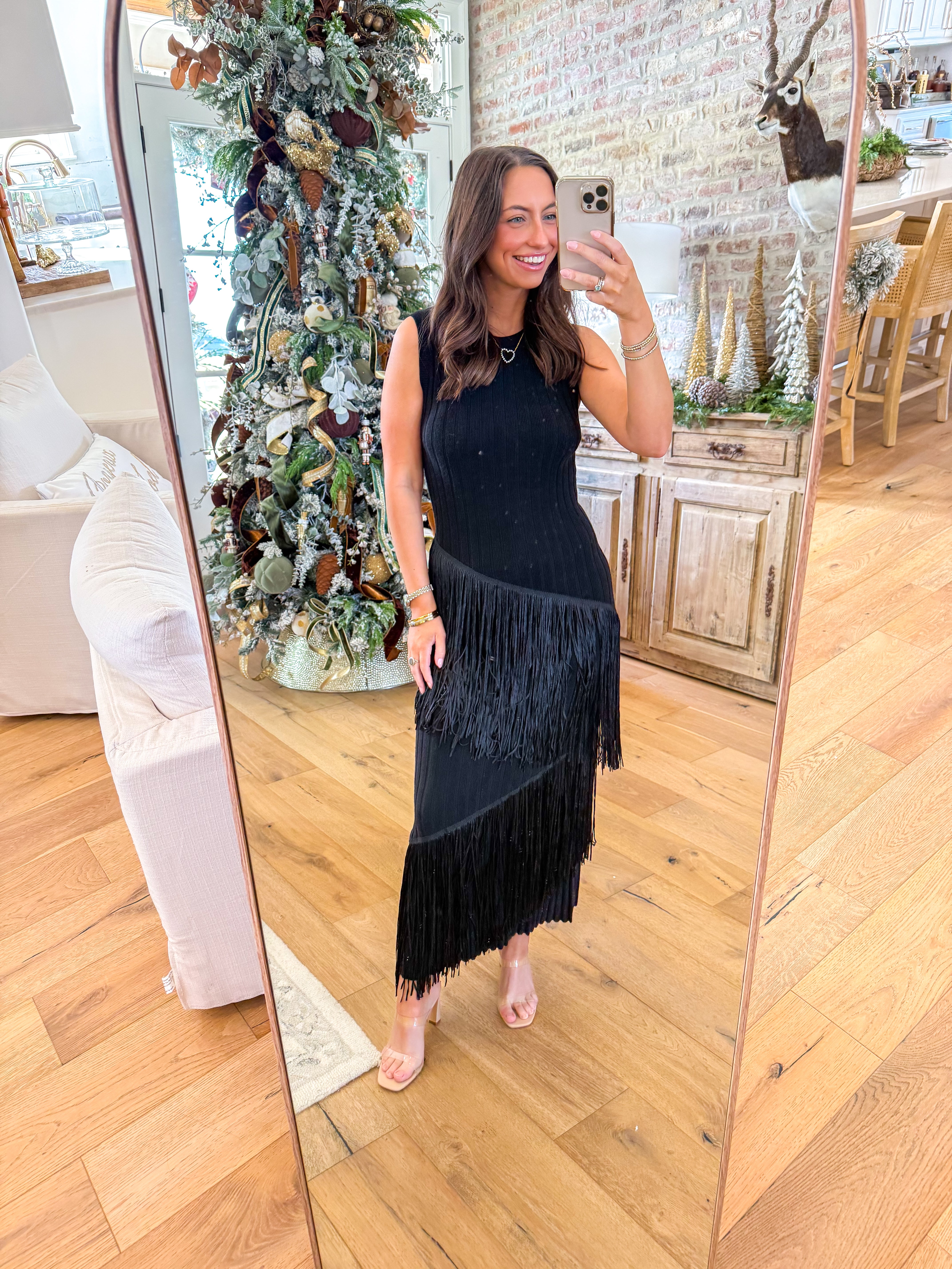 Fringe-Play Ribbed Maxi Dress Black