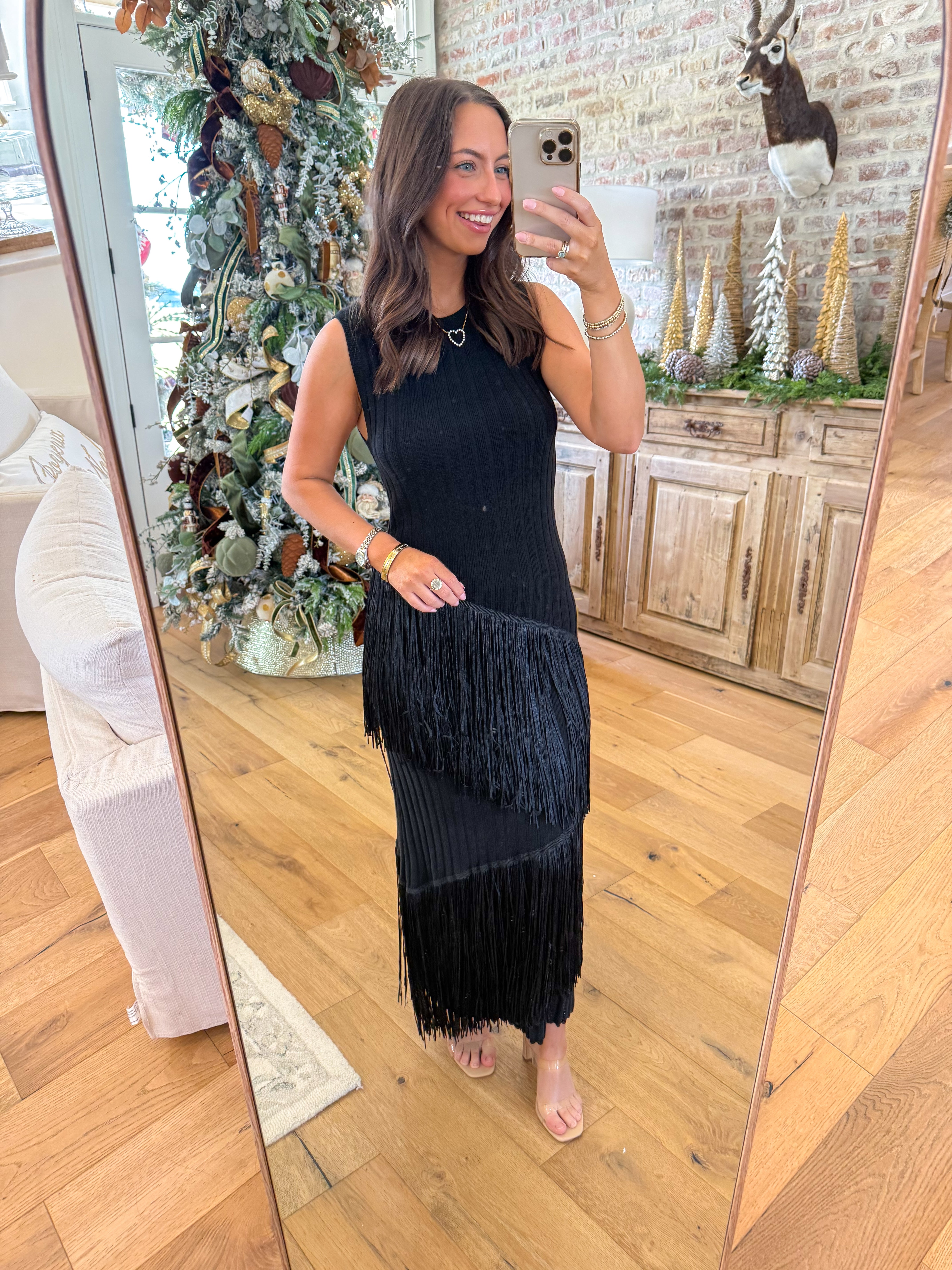 Fringe-Play Ribbed Maxi Dress Black