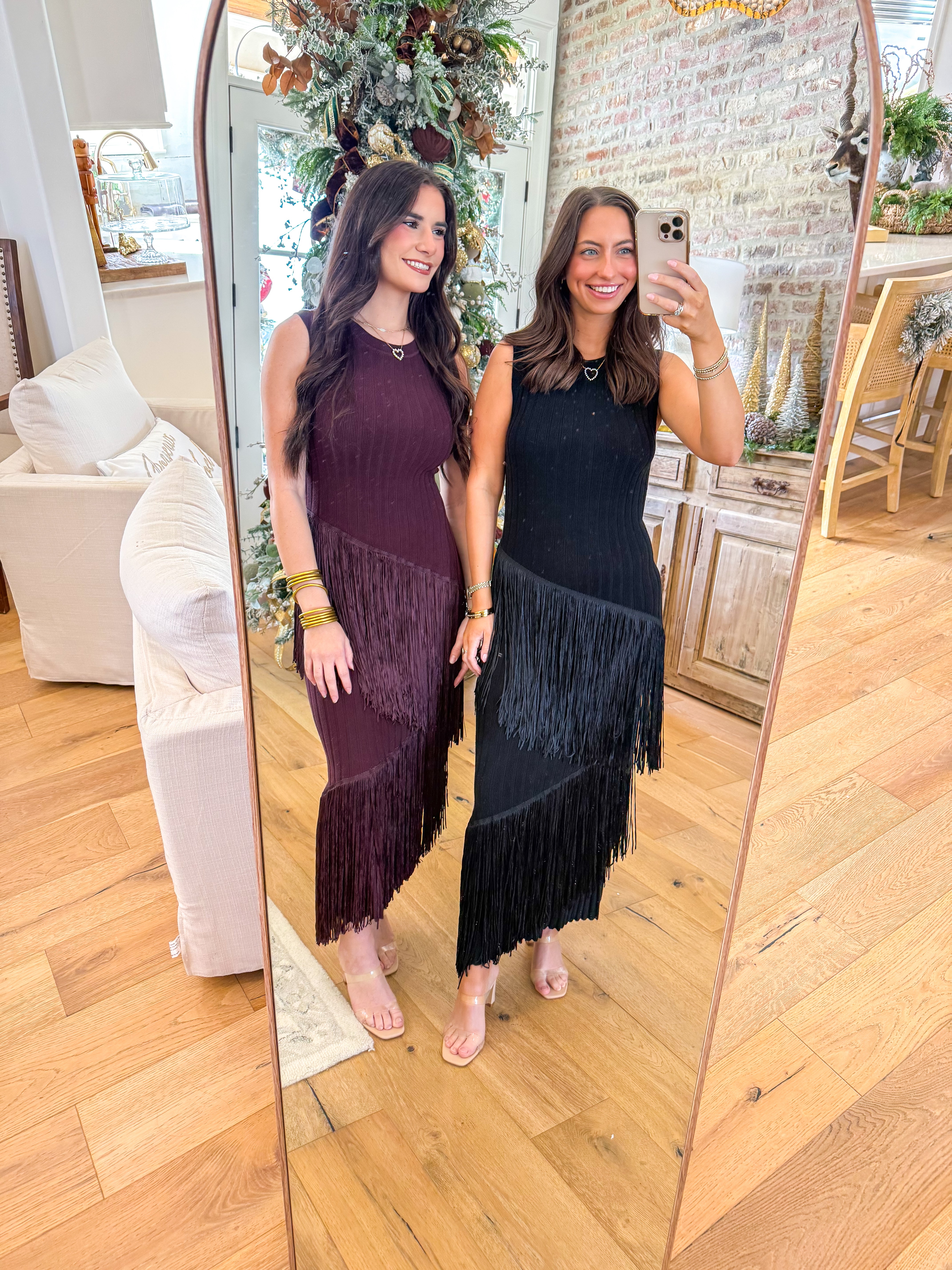 Fringe-Play Ribbed Maxi Dress Black