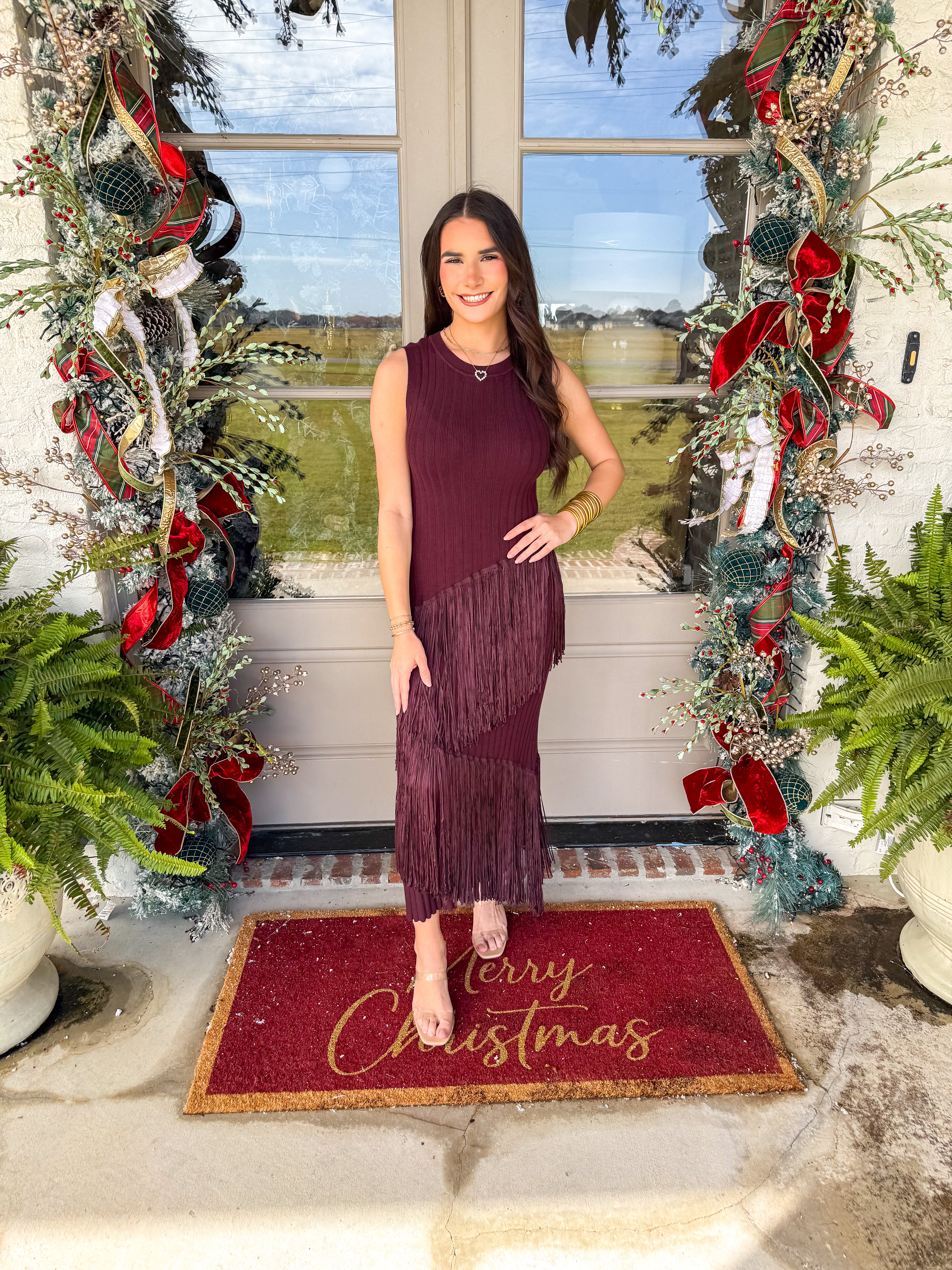 Fringe-Play Ribbed Maxi Dress Burgundy