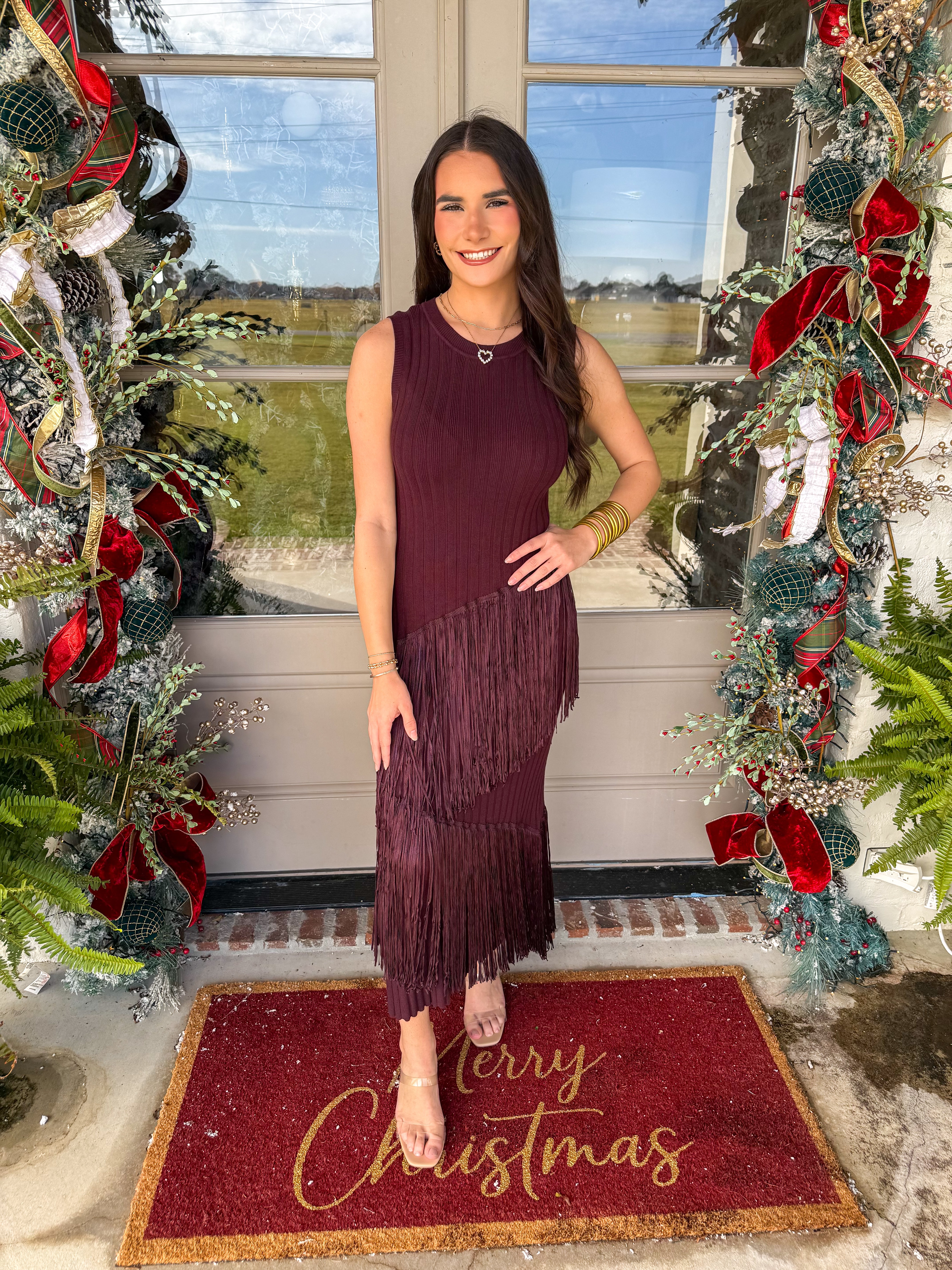 Fringe-Play Ribbed Maxi Dress Burgundy