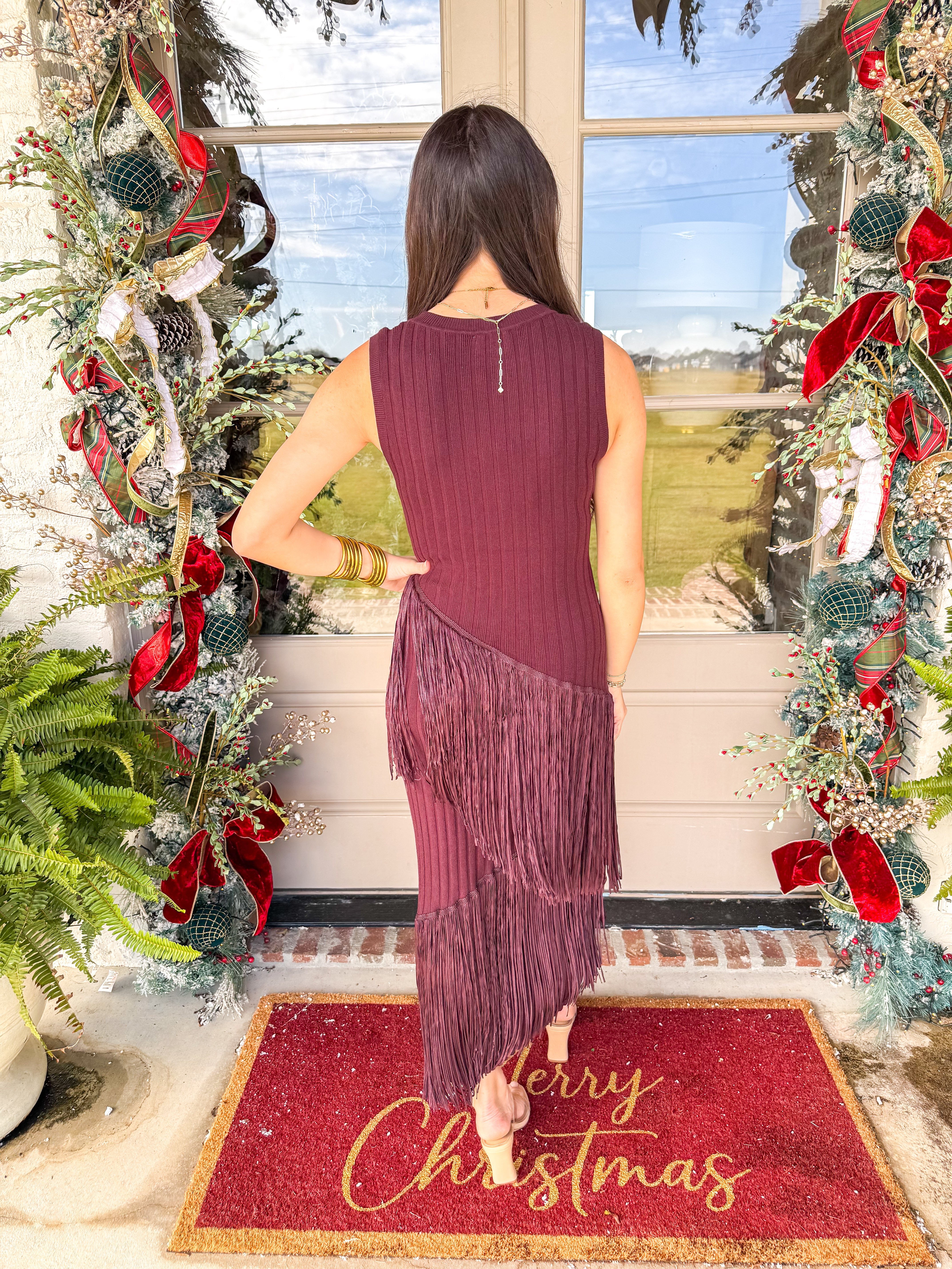 Fringe-Play Ribbed Maxi Dress Burgundy