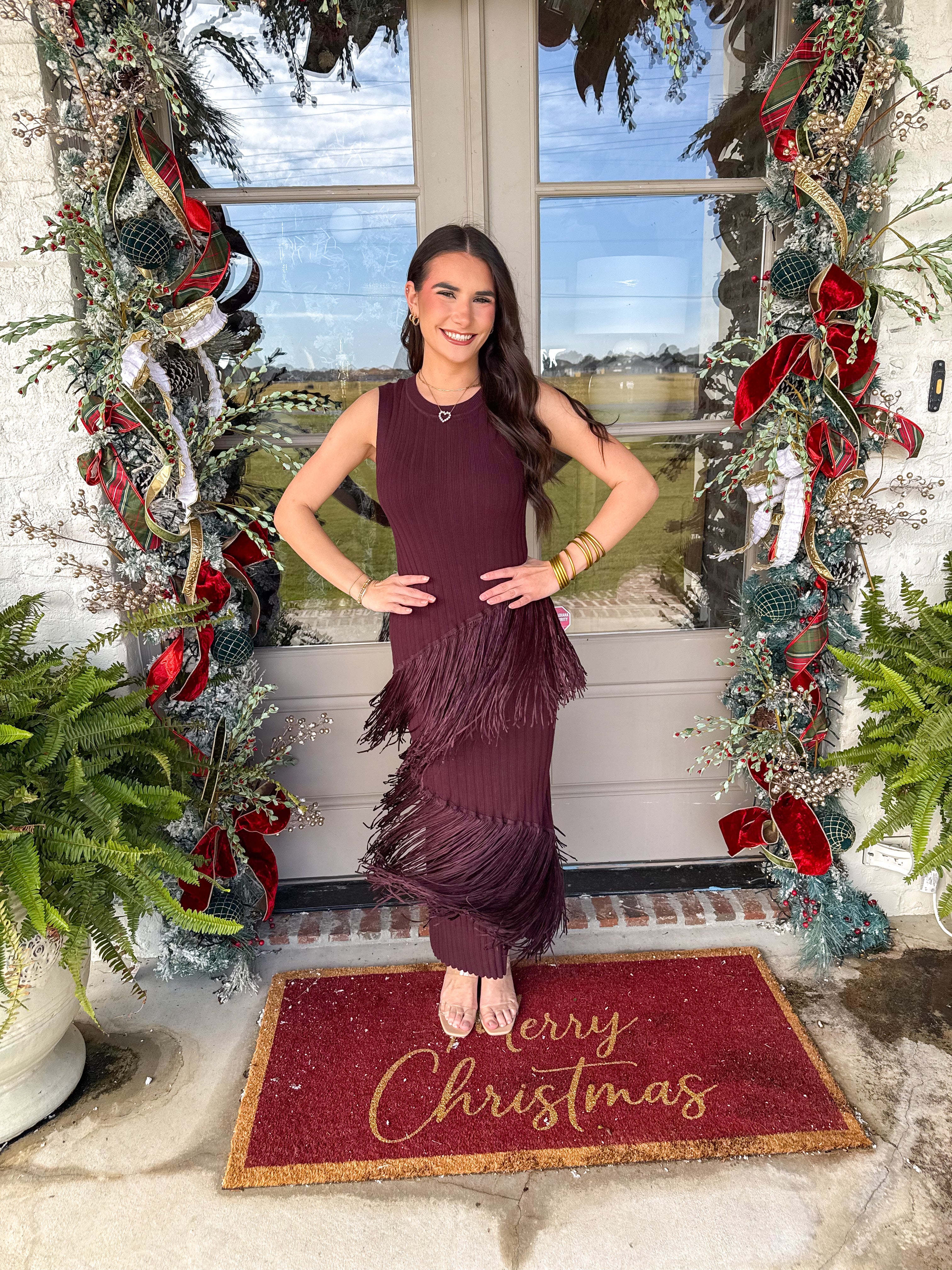Fringe-Play Ribbed Maxi Dress Burgundy