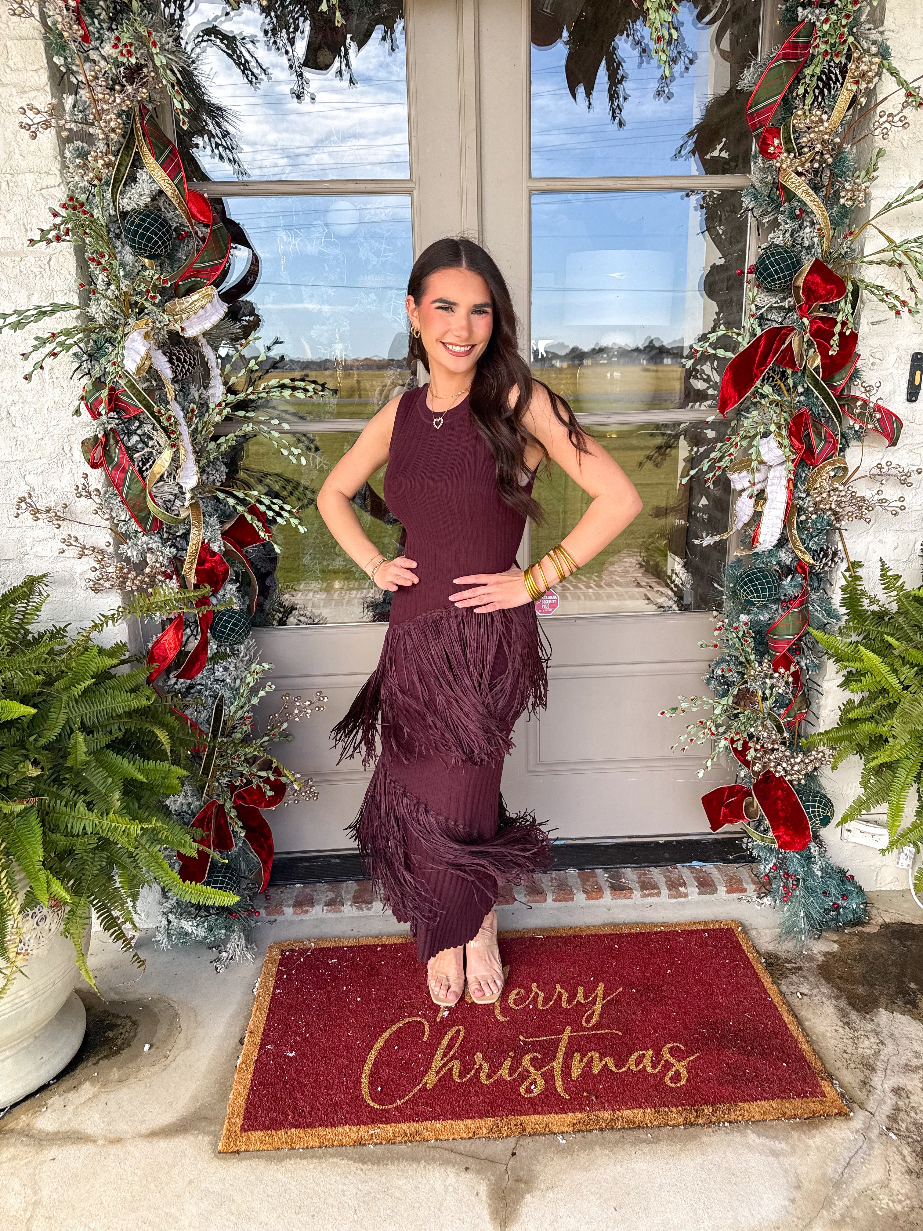 Fringe-Play Ribbed Maxi Dress Burgundy