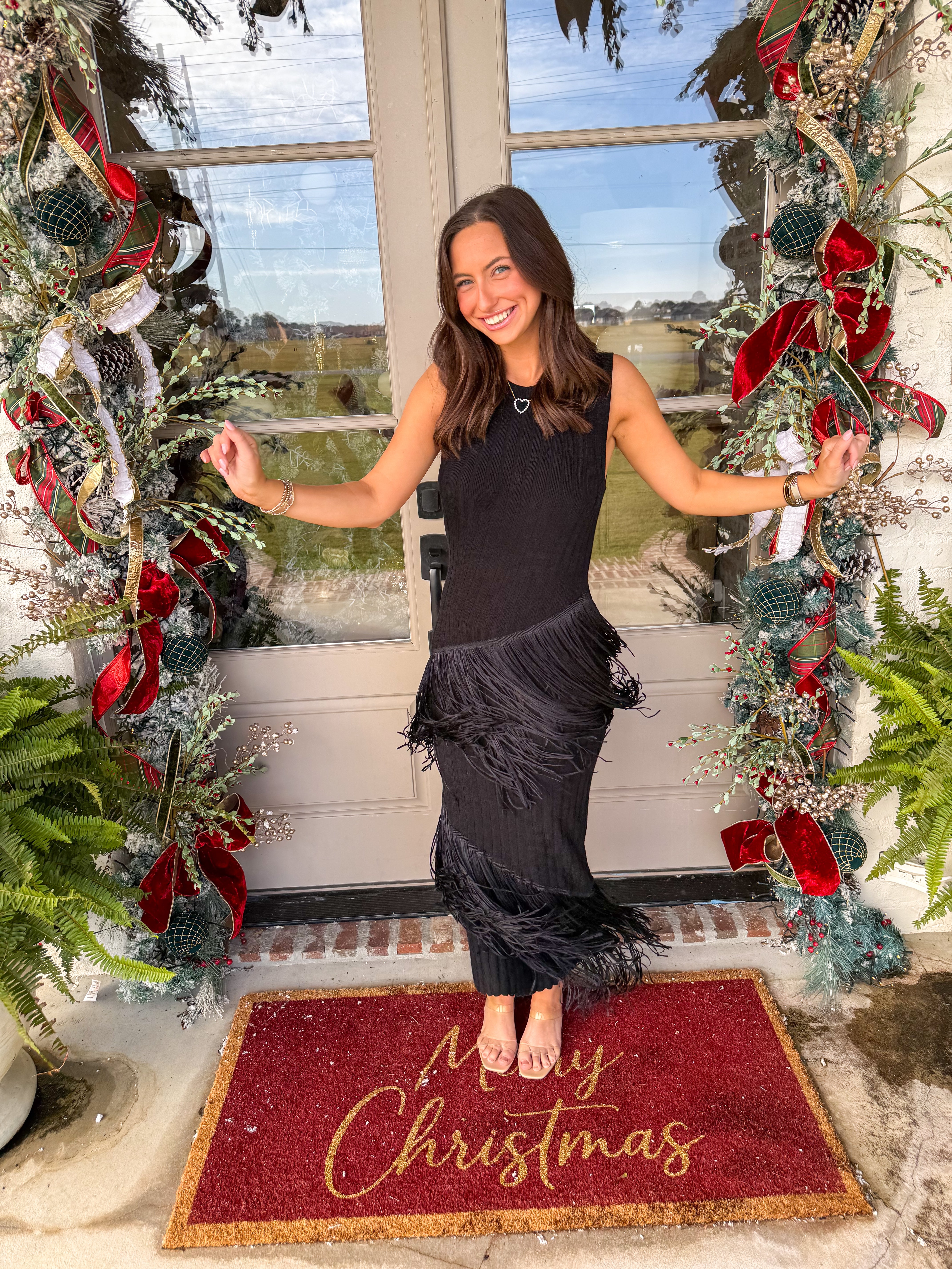 Fringe-Play Ribbed Maxi Dress Black