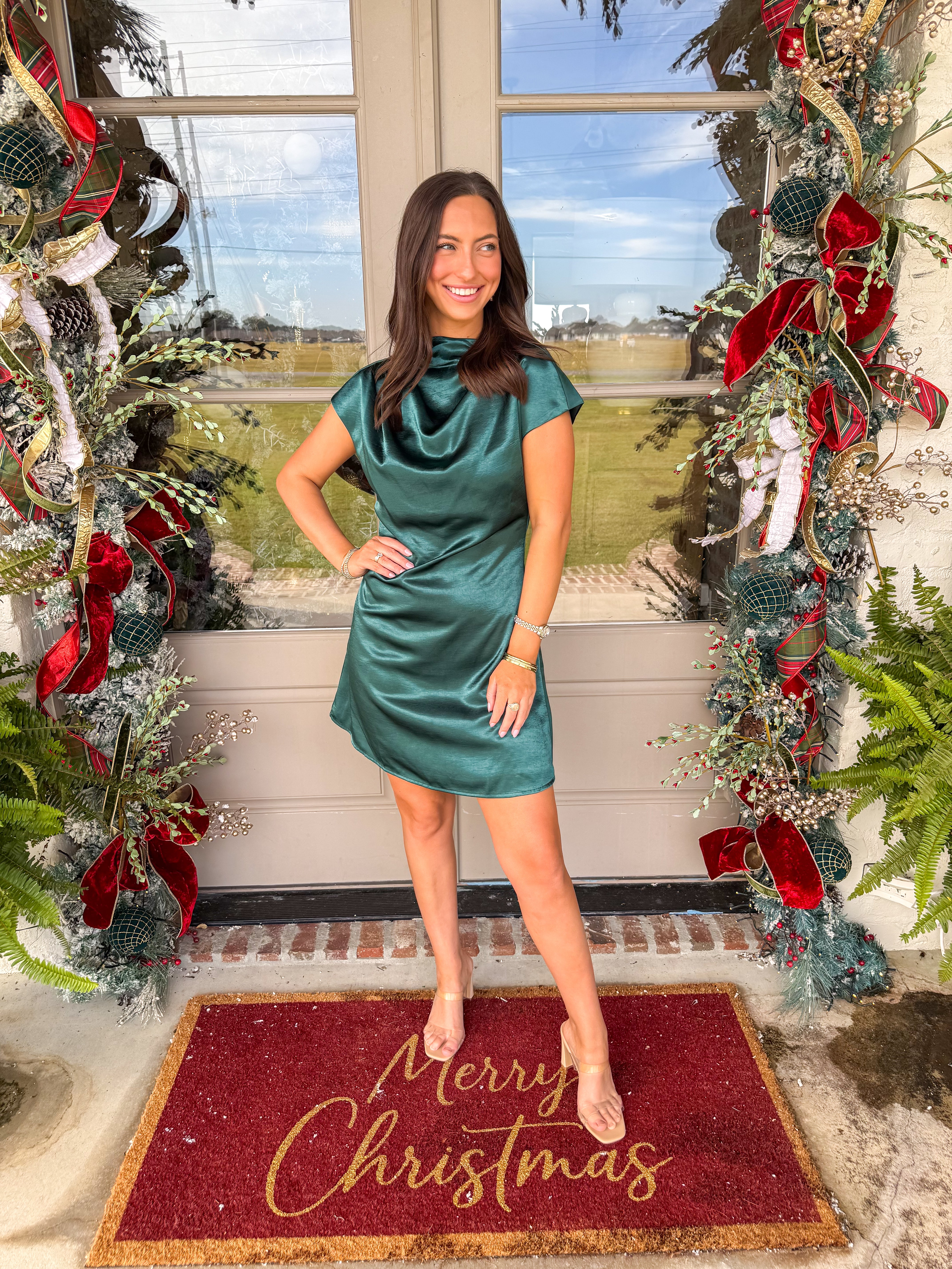 Emerald Satin Cowl Neck Mini Dress