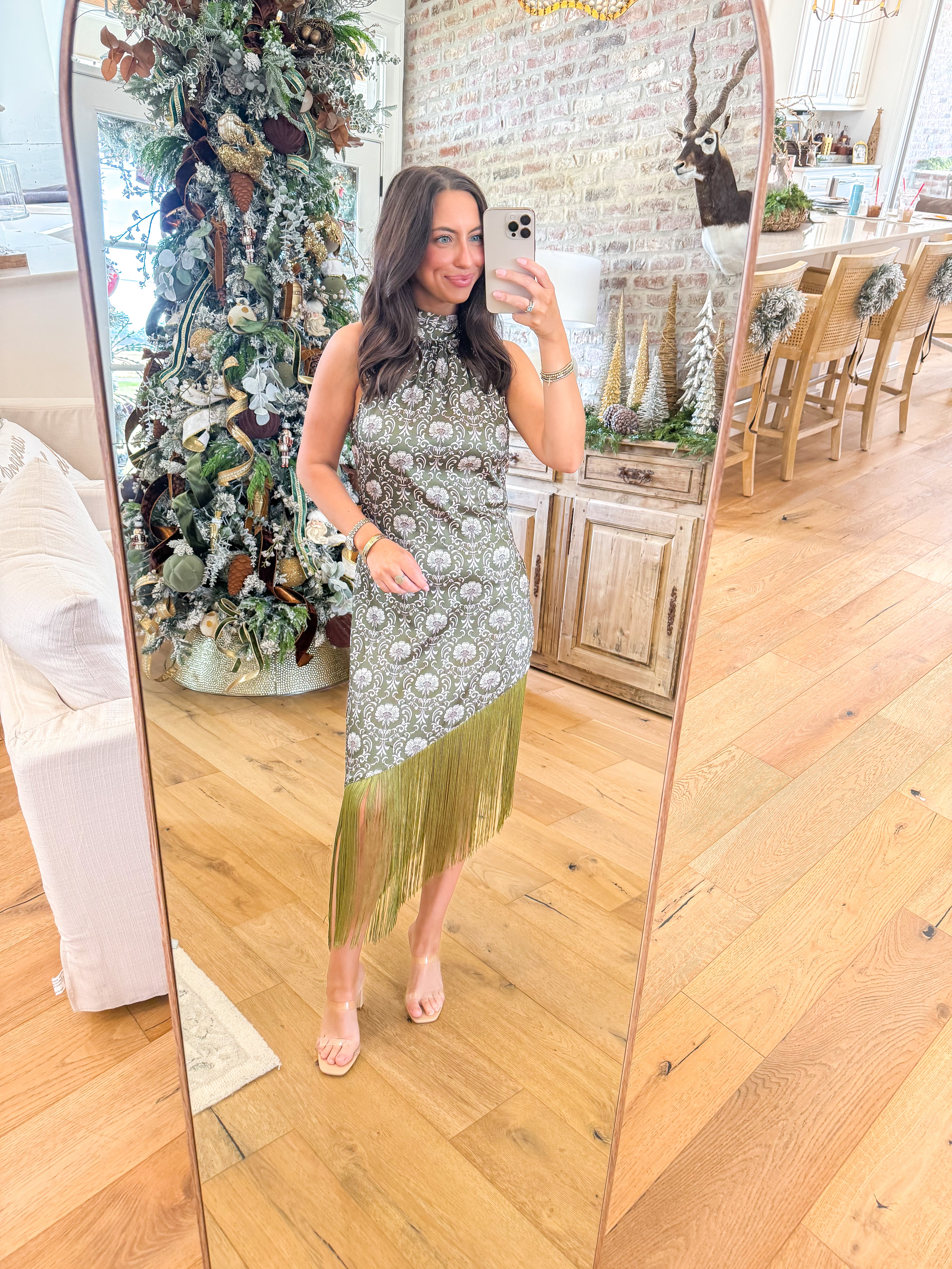 Olive Damask Fringe Midi Dress