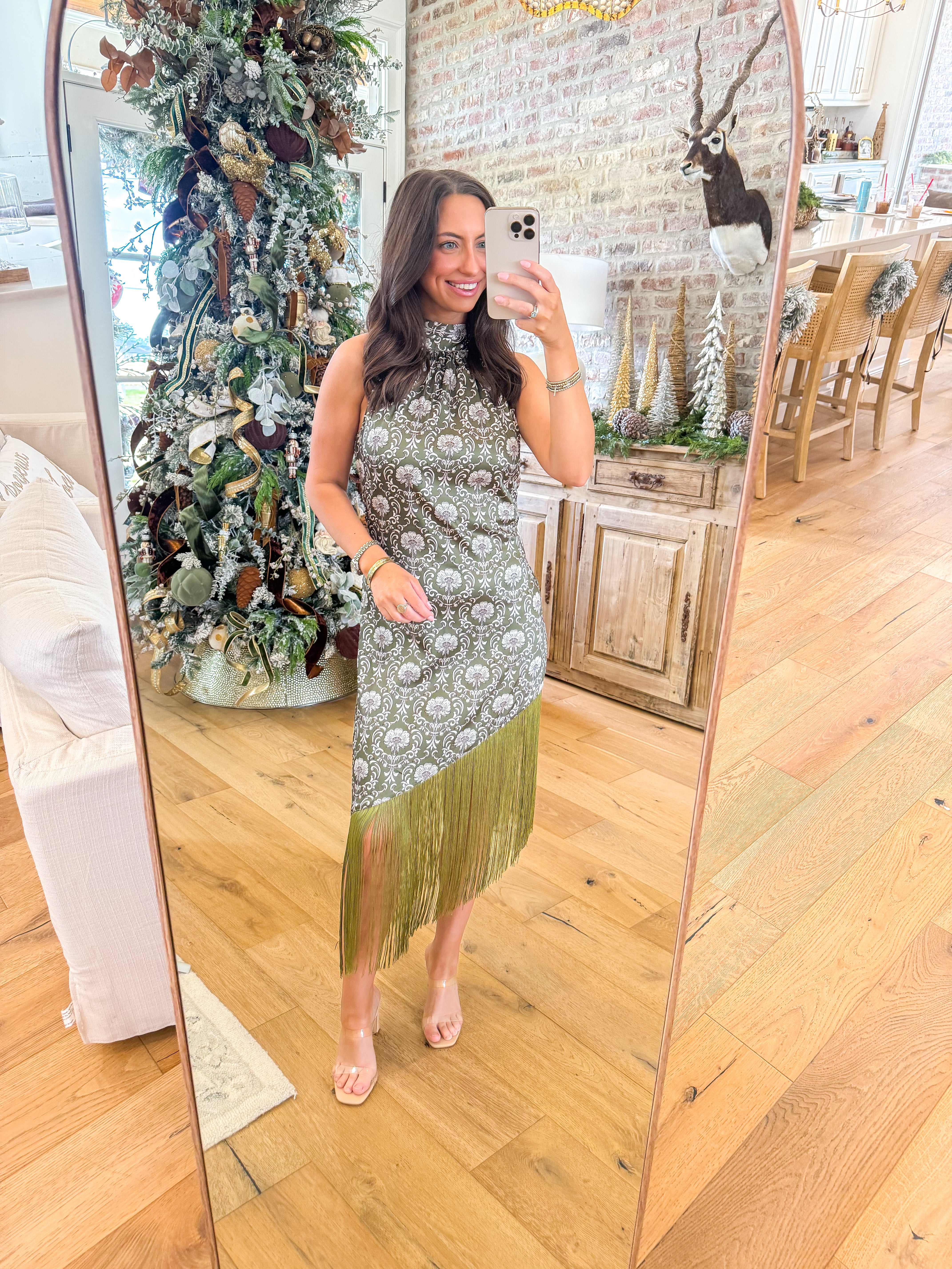 Olive Damask Fringe Midi Dress