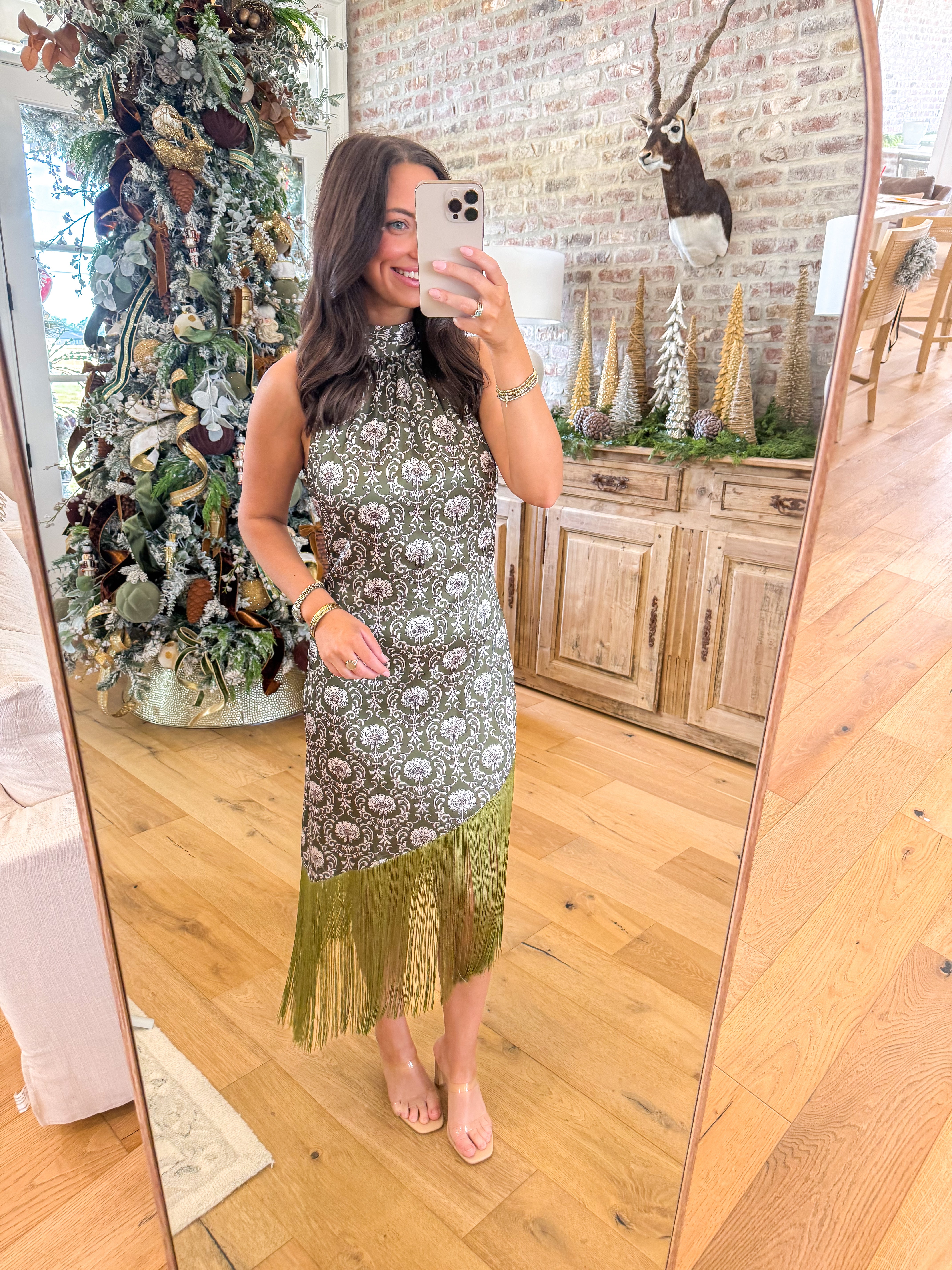 Olive Damask Fringe Midi Dress
