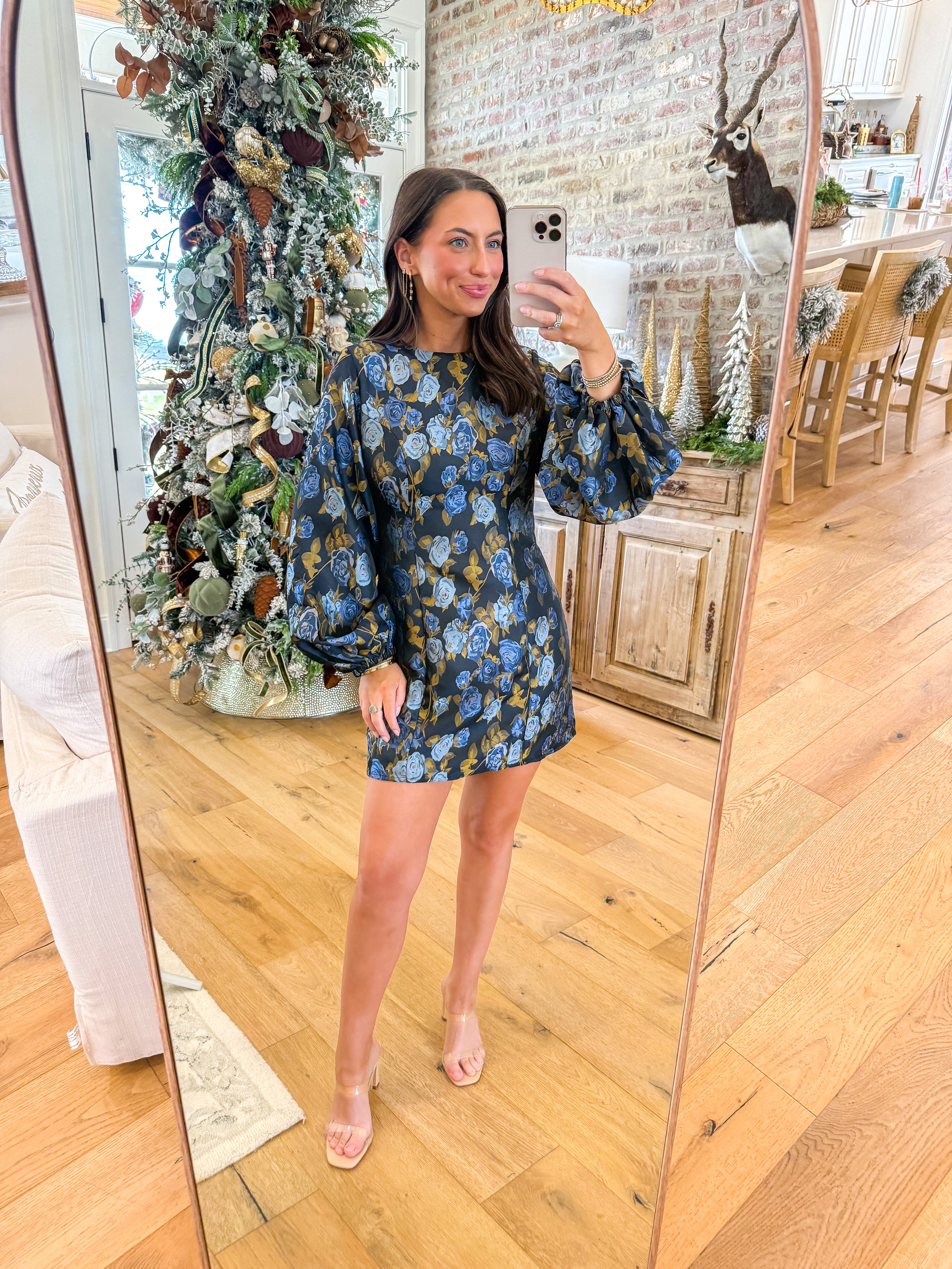 Blue Garden Balloon Sleeve Mini Dress