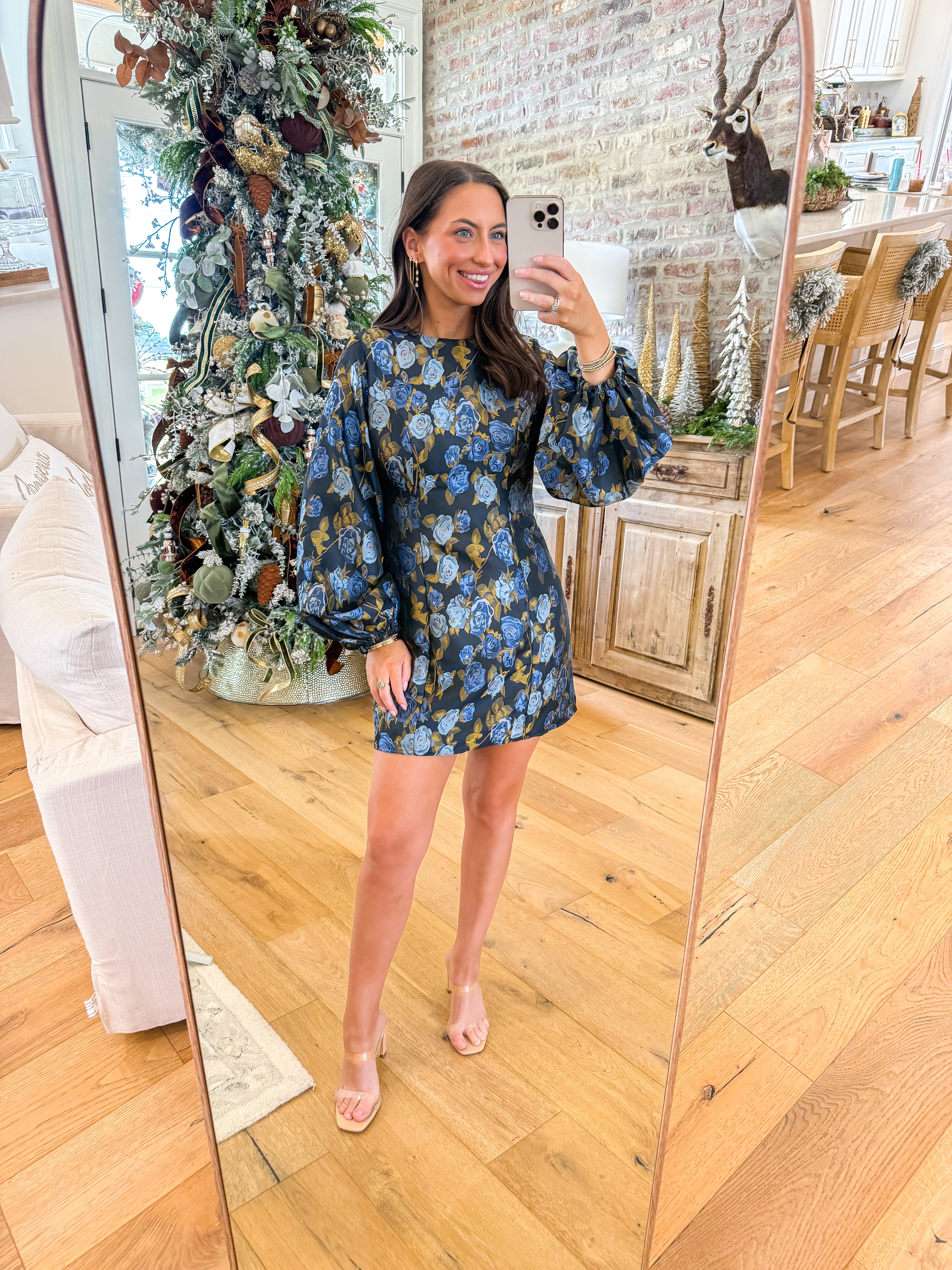 Blue Garden Balloon Sleeve Mini Dress
