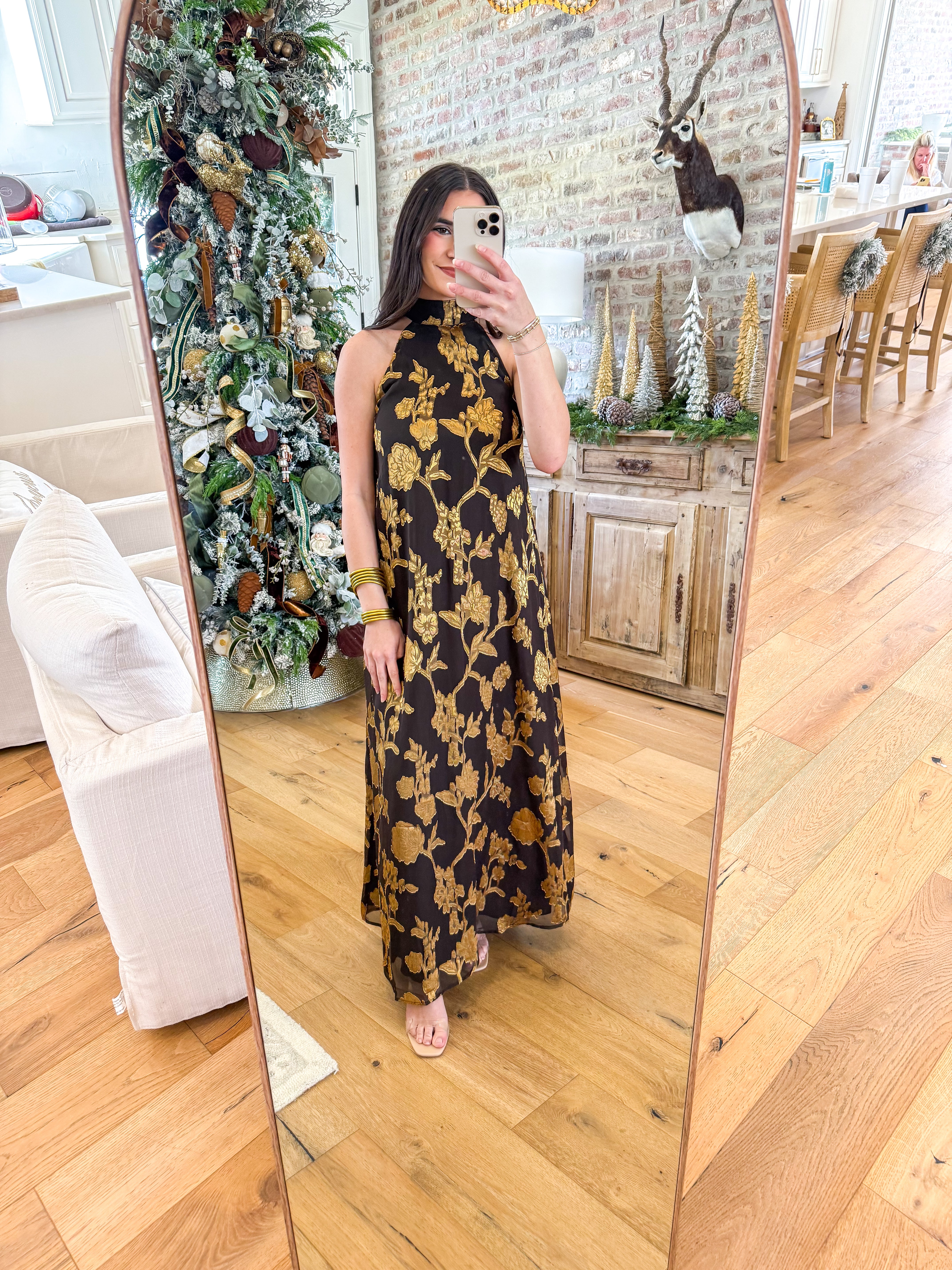 Golden Floral Jacquard Back-Tie Halter Maxi Dress
