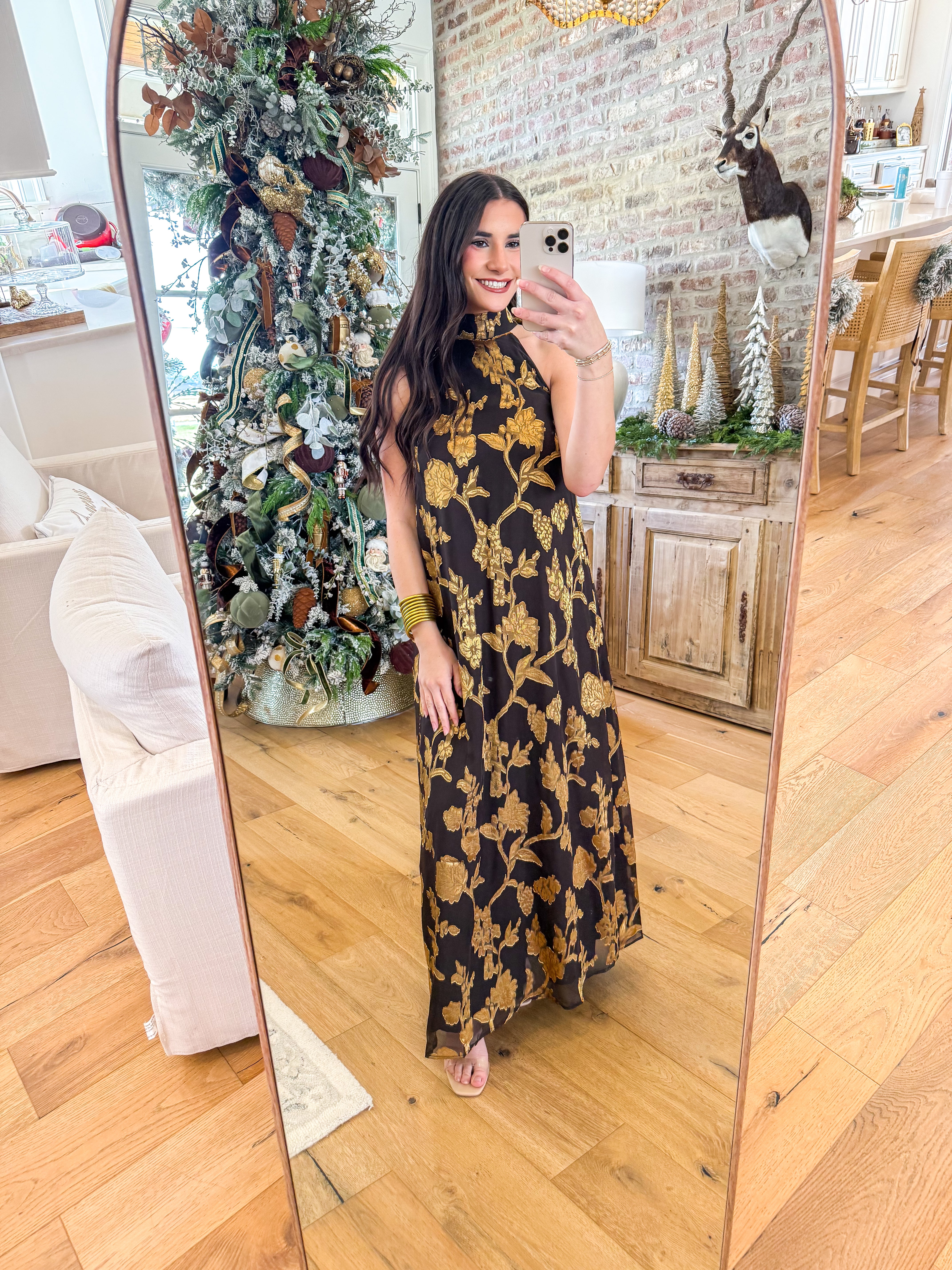 Golden Floral Jacquard Back-Tie Halter Maxi Dress