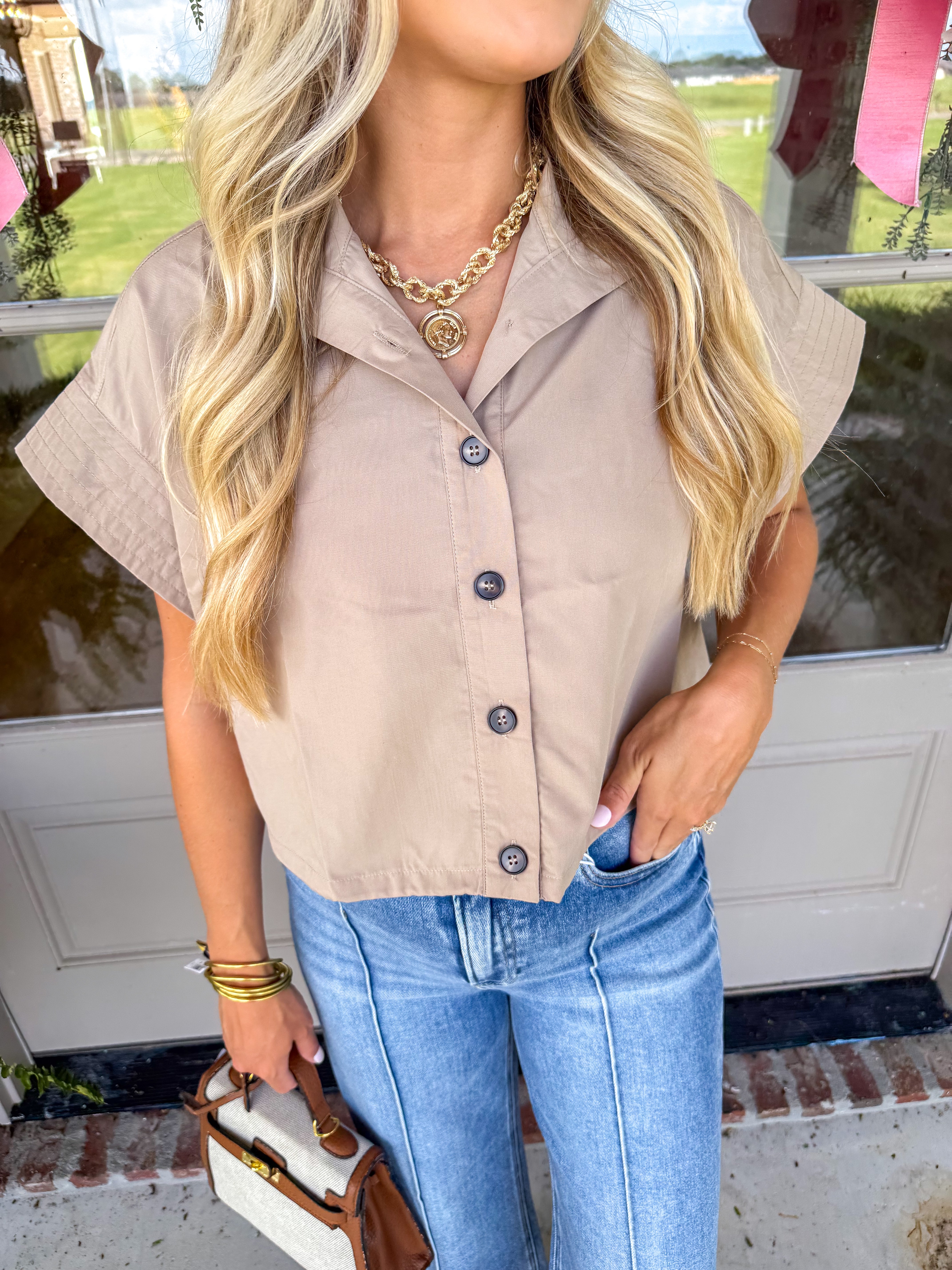 The Taupe Mock Neck Blouse
