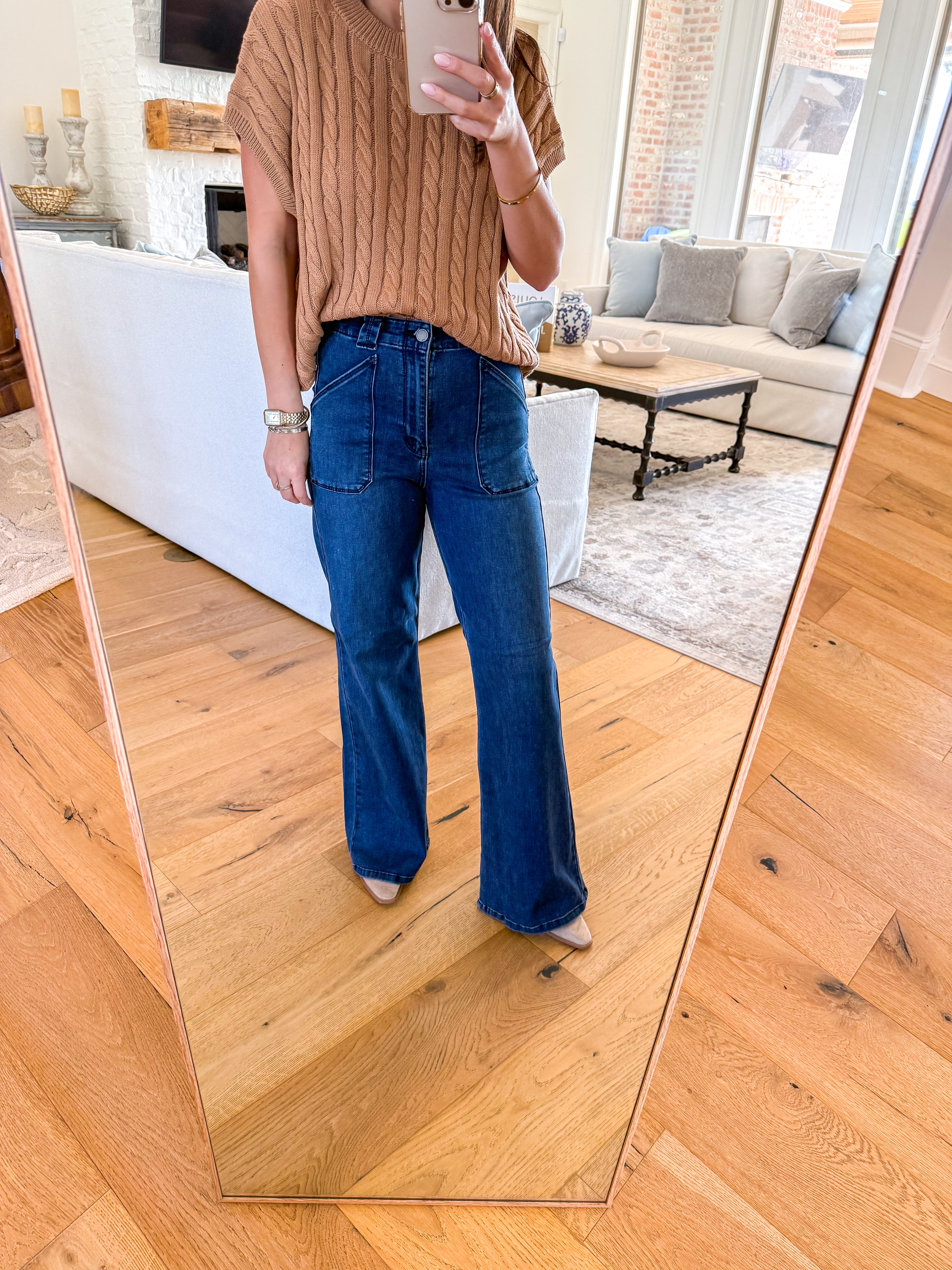 Dark Denim Patch Pocket Wide Leg Flare