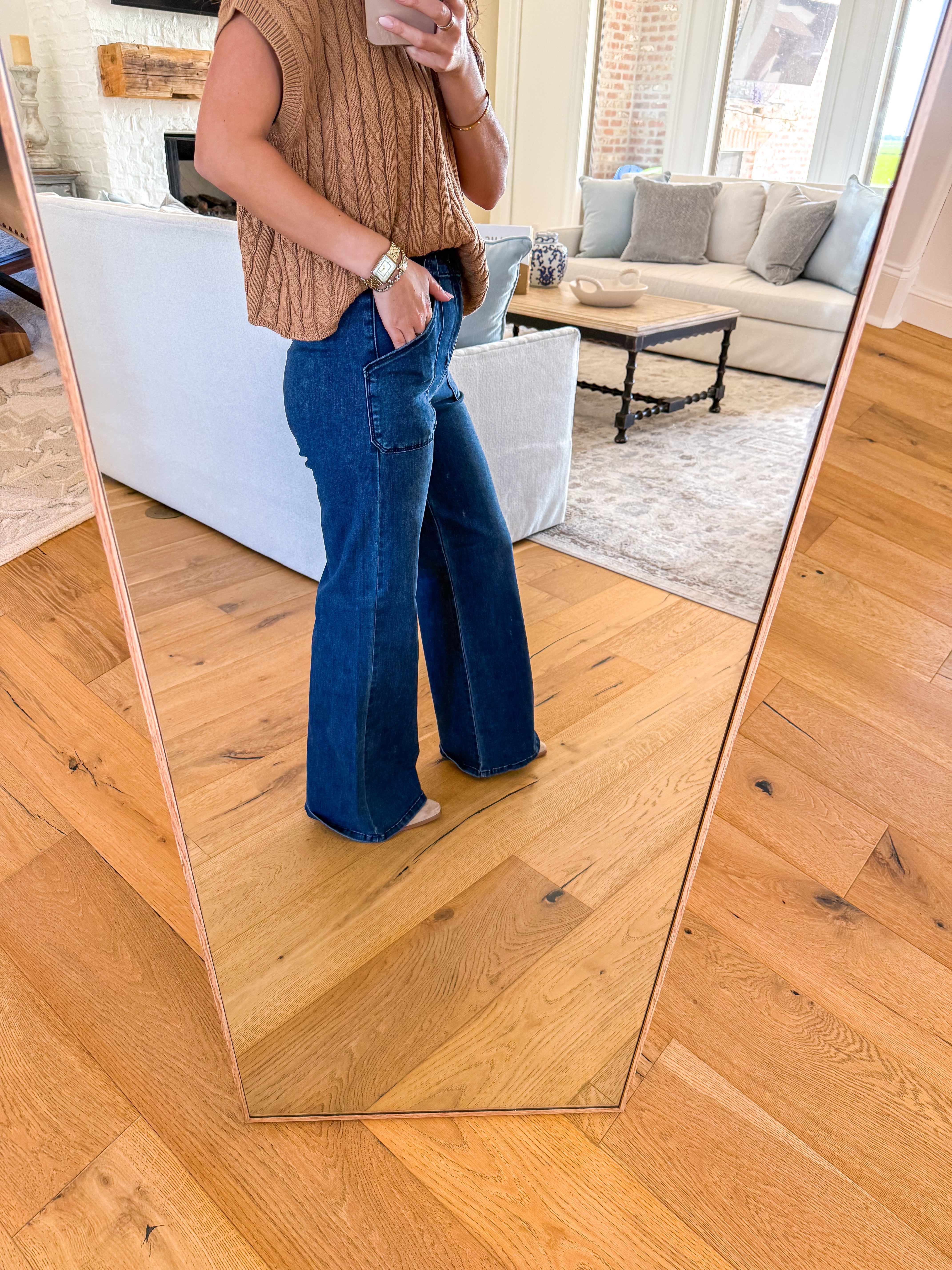 Dark Denim Patch Pocket Wide Leg Flare